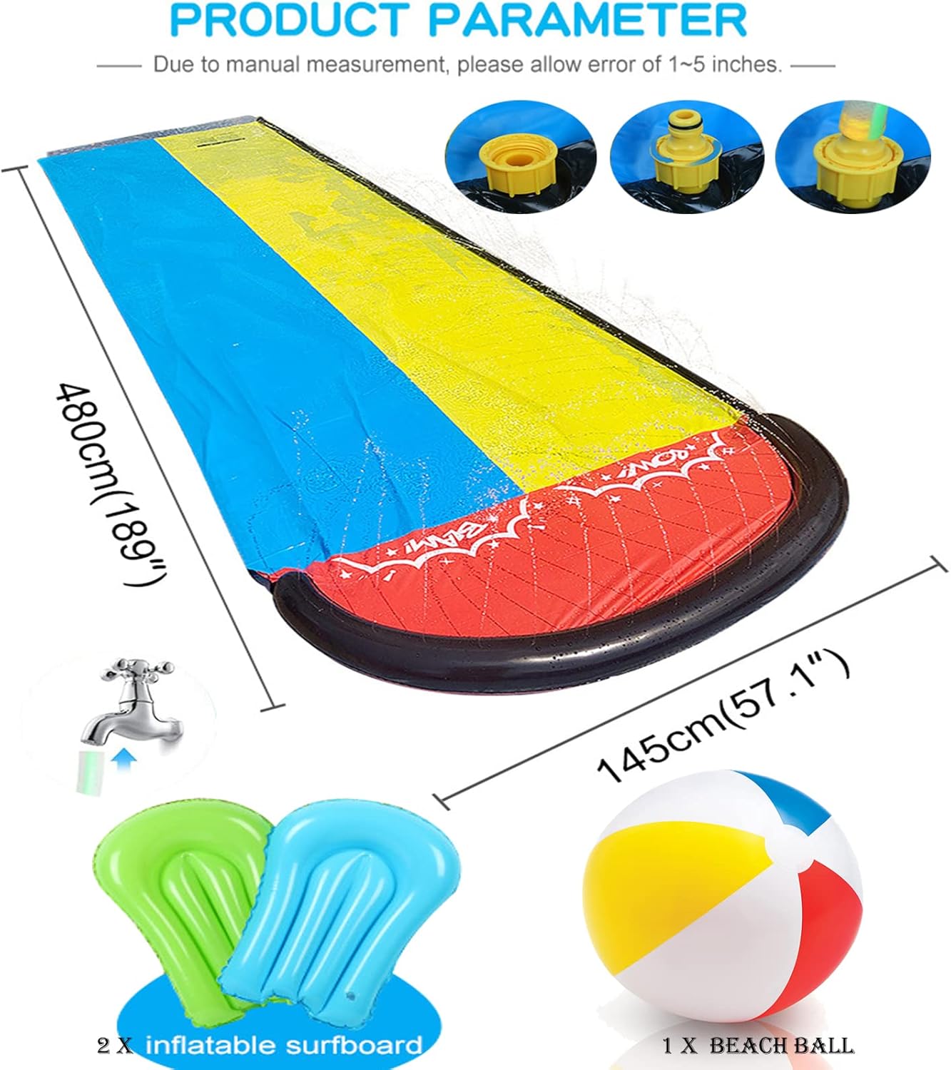 Moonmen Water Slip And Slide,2 Bodyboards+beach ball, Lawn Water Slides Slip Water Splash Pad for kids,Sprinkler Mat for Kids, Large Size Outdoor Splash Play Mat Water splash pool Water Fun For Kids