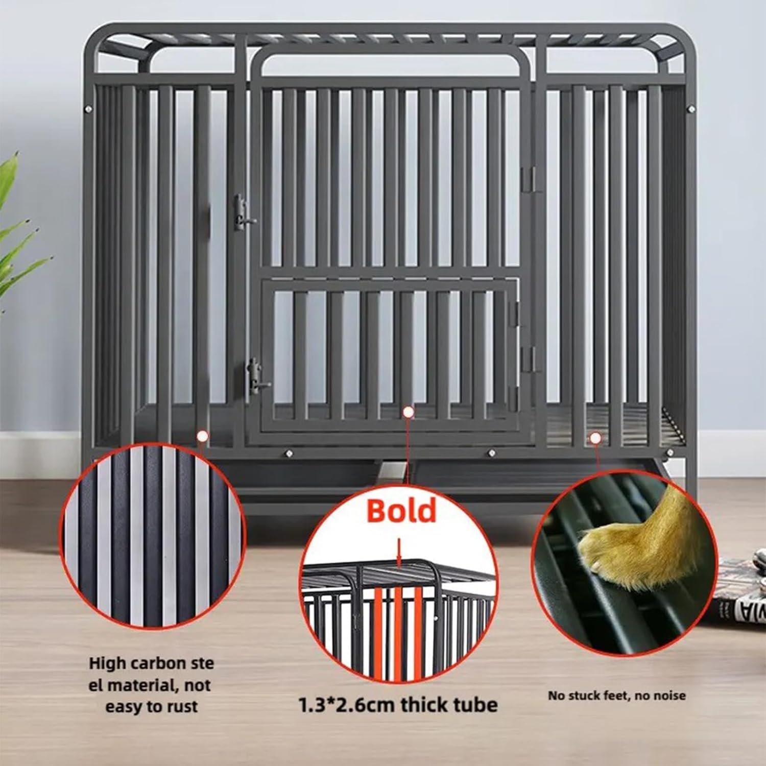 Heavy Duty Dog Crate - 37 Inch Large Metal Dog Crate with 2 Doors and 4 Wheels, Full Square Tube Kennel for Large and Medium Dogs, Removable Tray