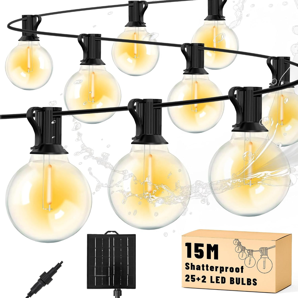 15m solar outdoor string lights by The Outdoor Furniture Market with warm white G40 LED bulbs and 4 lighting modes