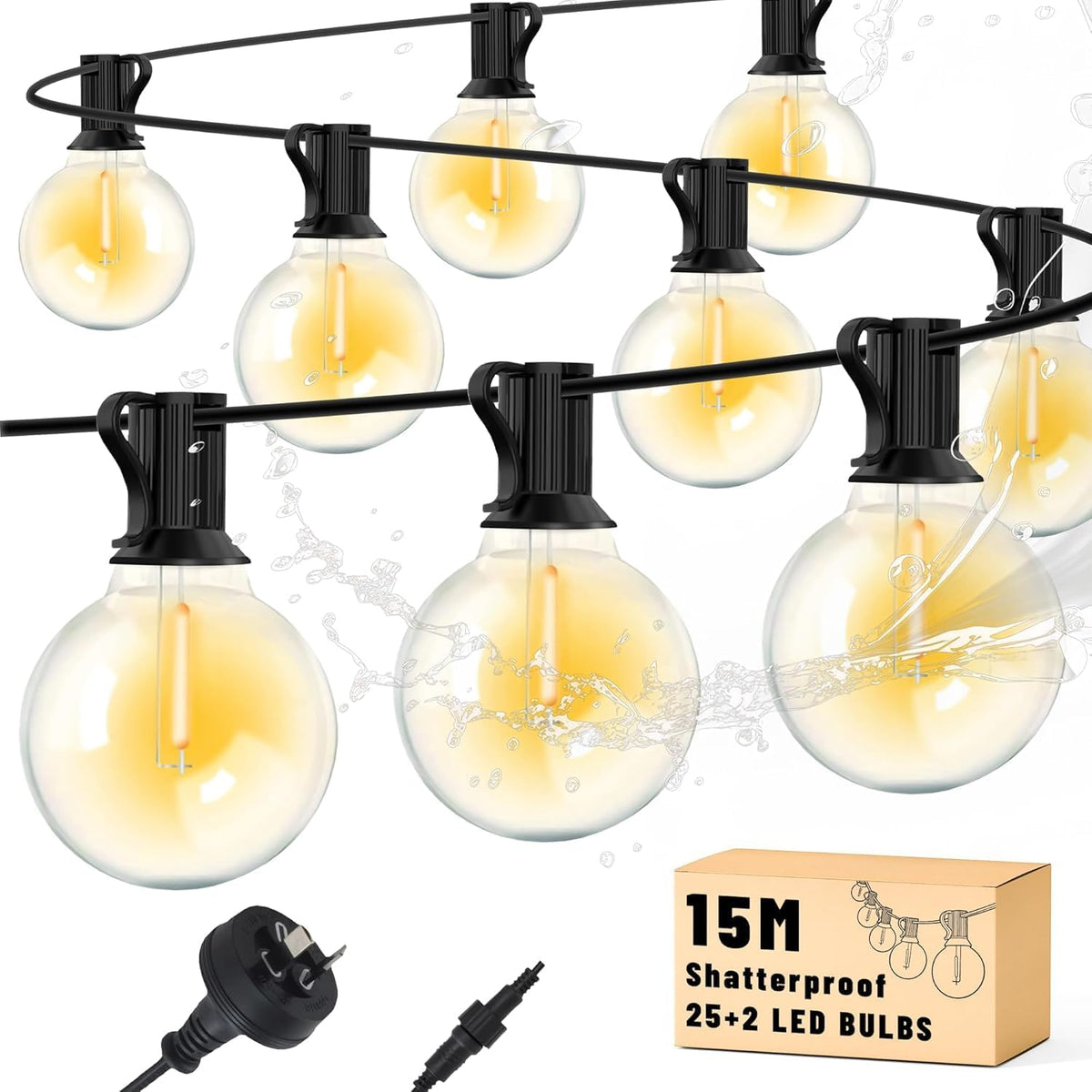15m G40 LED solar outdoor string lights with 4 modes, warm white, waterproof IP44, ideal for patio and garden lighting.