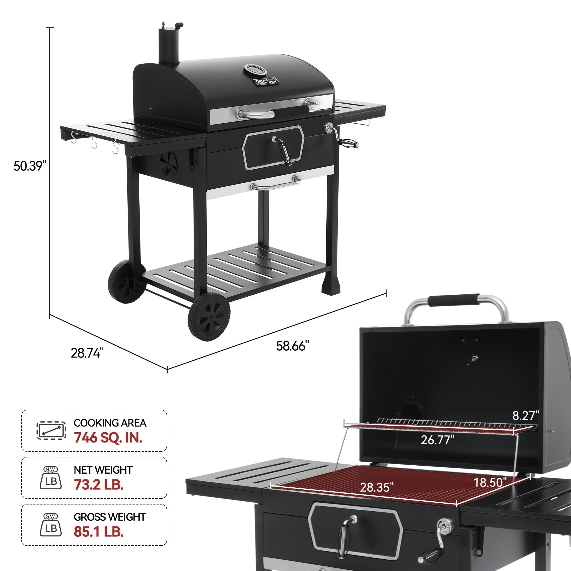 Royal Gourmet 719 sq.in Charcoal Grill with Adjustable Pan & Collapsible Tables