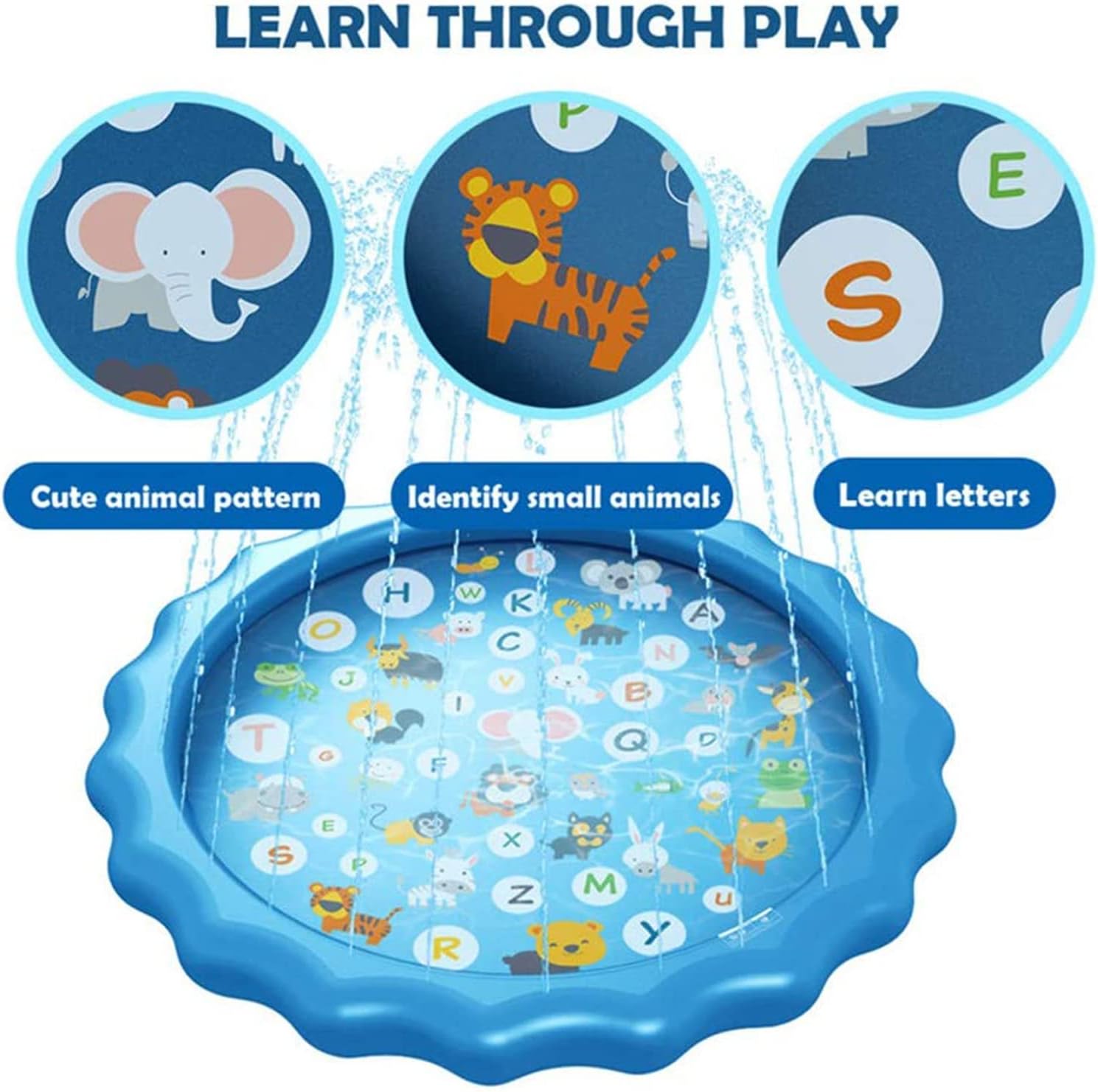 Colorful Zoo Splash Pad 100cm water sprinkler mat for kids, featuring animal designs, from The Outdoor Furniture Market.