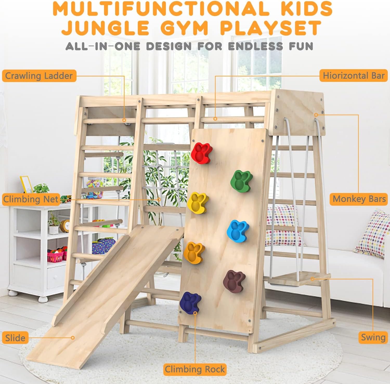 Beauenty 6-in-1 Indoor Jungle Gym - Montessori Climbing Frame for Kids 3+ - The Outdoor Furniture Market 