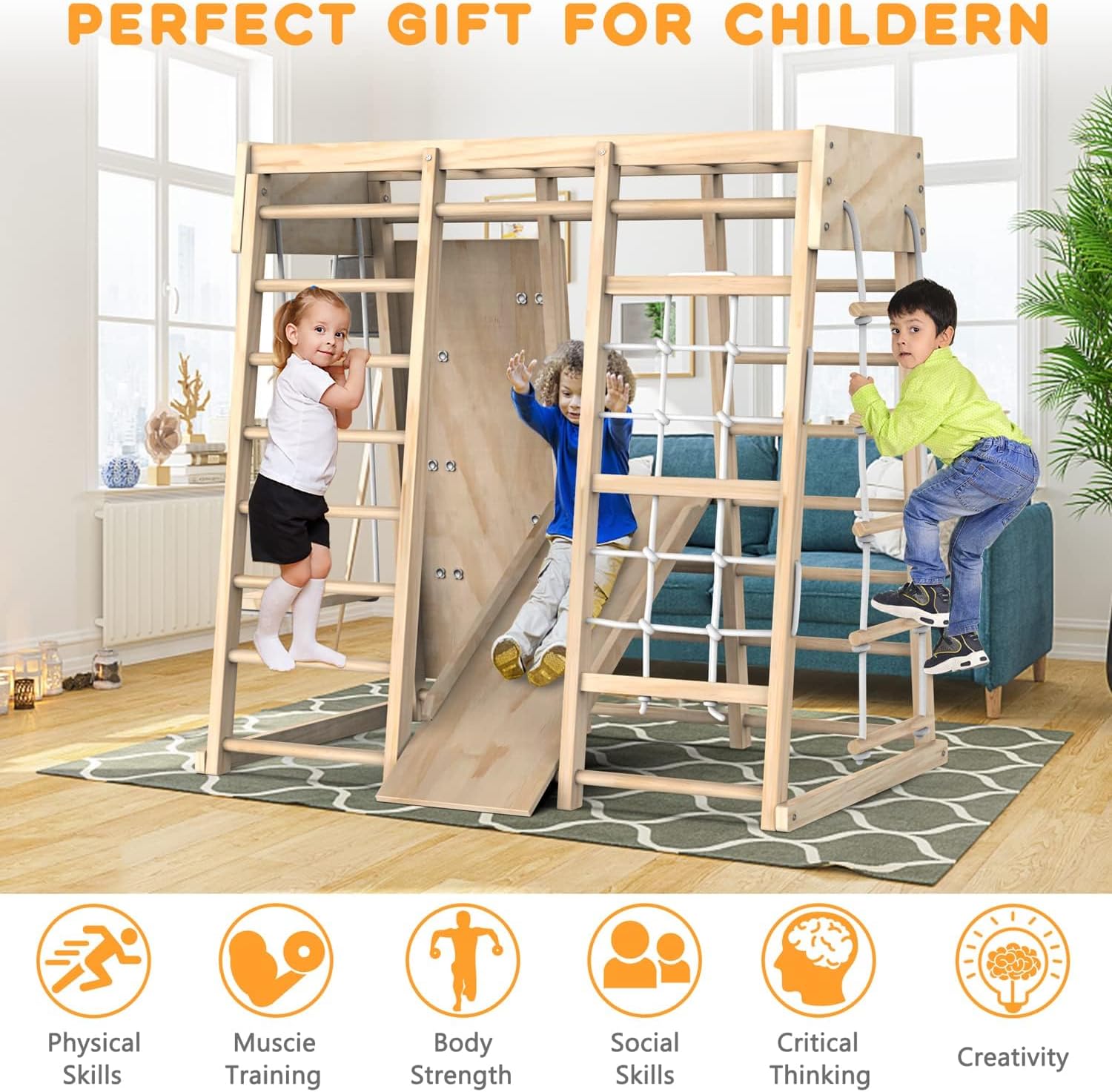 Beauenty 6-in-1 Indoor Jungle Gym - Montessori Climbing Frame for Kids 3+ - The Outdoor Furniture Market 