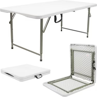 Folding Lightweight Trestle Outdoor Camping Table, Heavy Duty Plastic Outdoor Picnic Table, Folds in Half with Carry Handle, White