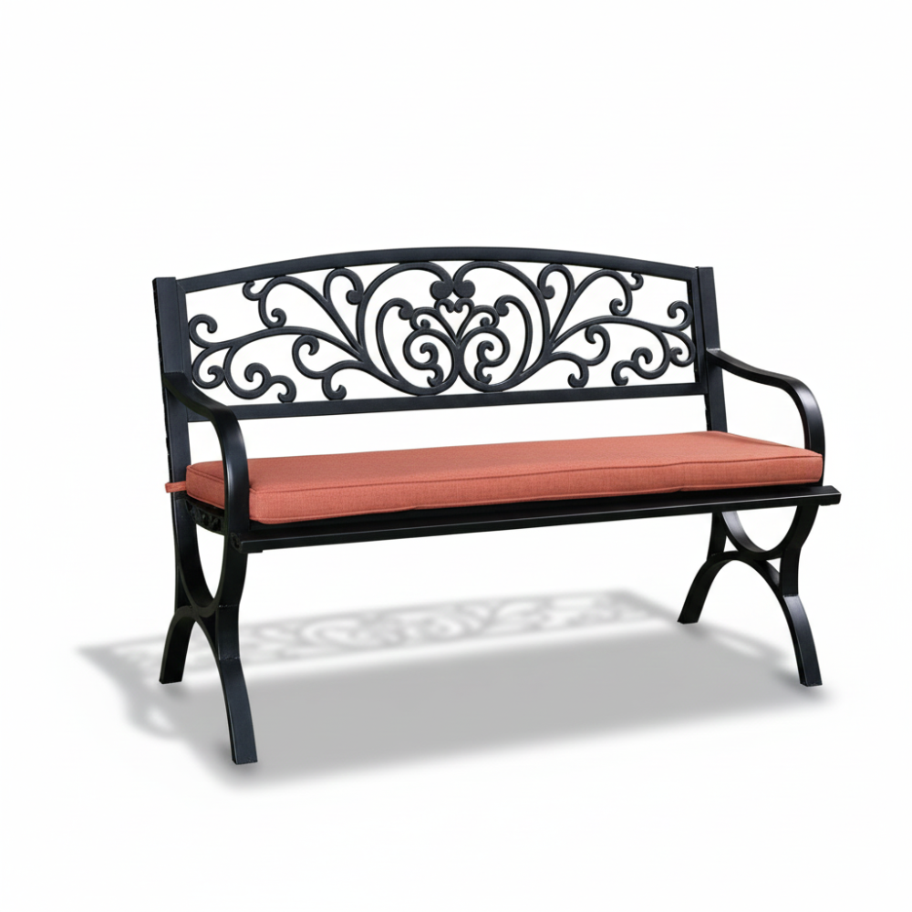 Black steel bench by Casa Fiora, featuring a modern design suitable for outdoor seating.