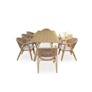 Wooden outdoor dining table with eight woven rattan chairs from The Outdoor Furniture Market
