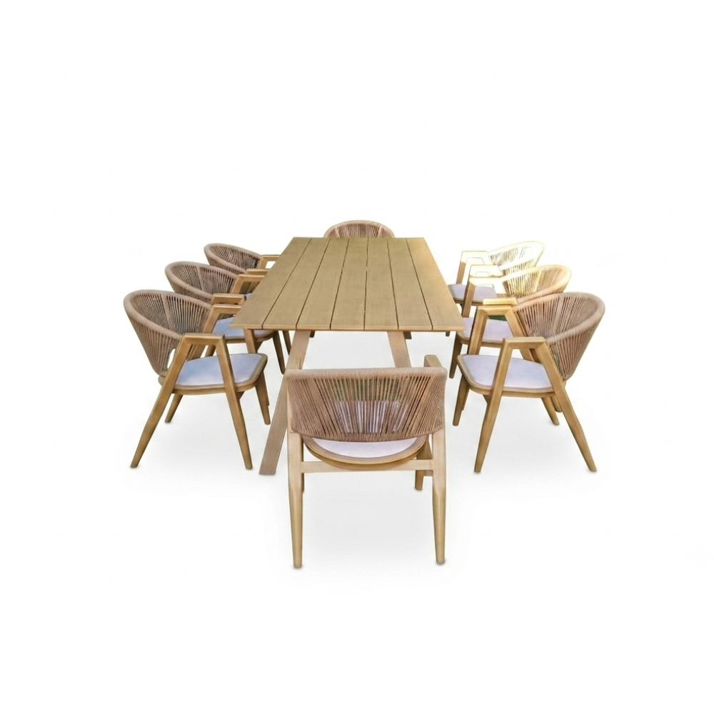 Wooden outdoor dining table with eight woven rattan chairs from The Outdoor Furniture Market