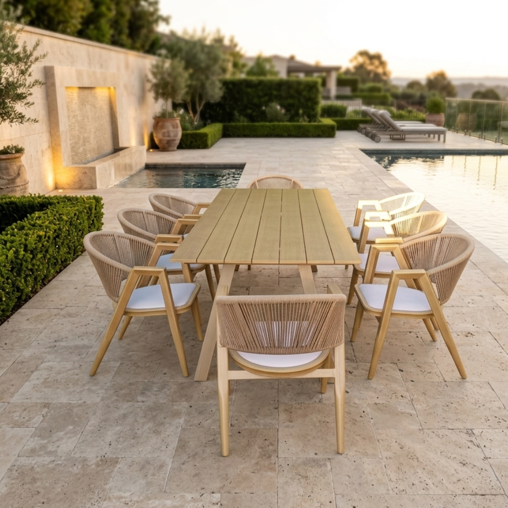 Modern wooden outdoor dining set with woven chairs by The Outdoor Furniture Market