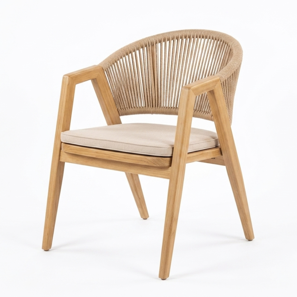 Modern teak wood outdoor armchair with rope backrest and beige cushion at The Outdoor Furniture Market