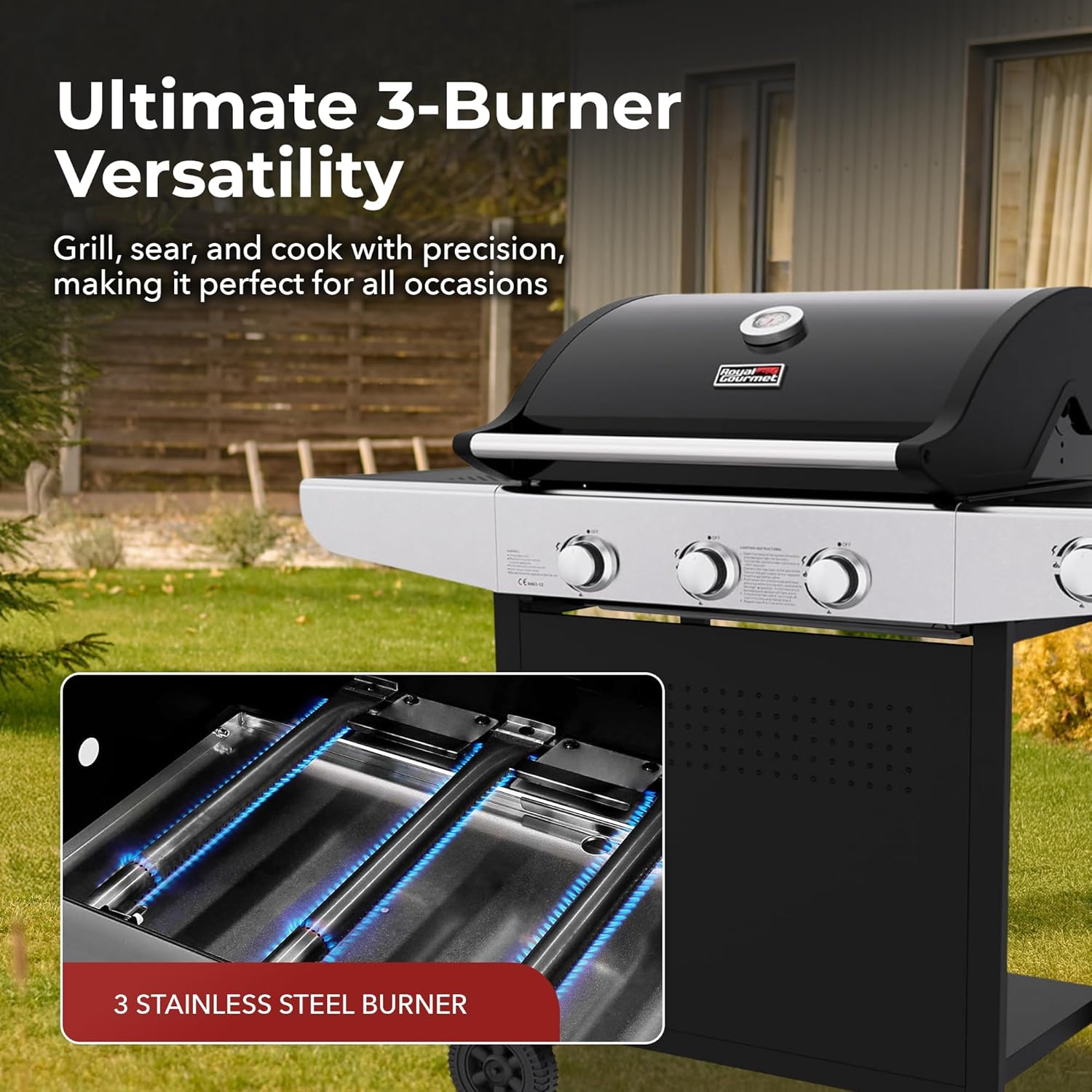Royal Gourmet 3-Burner Gas BBQ Grill with Side Burner - Cast Iron Grates