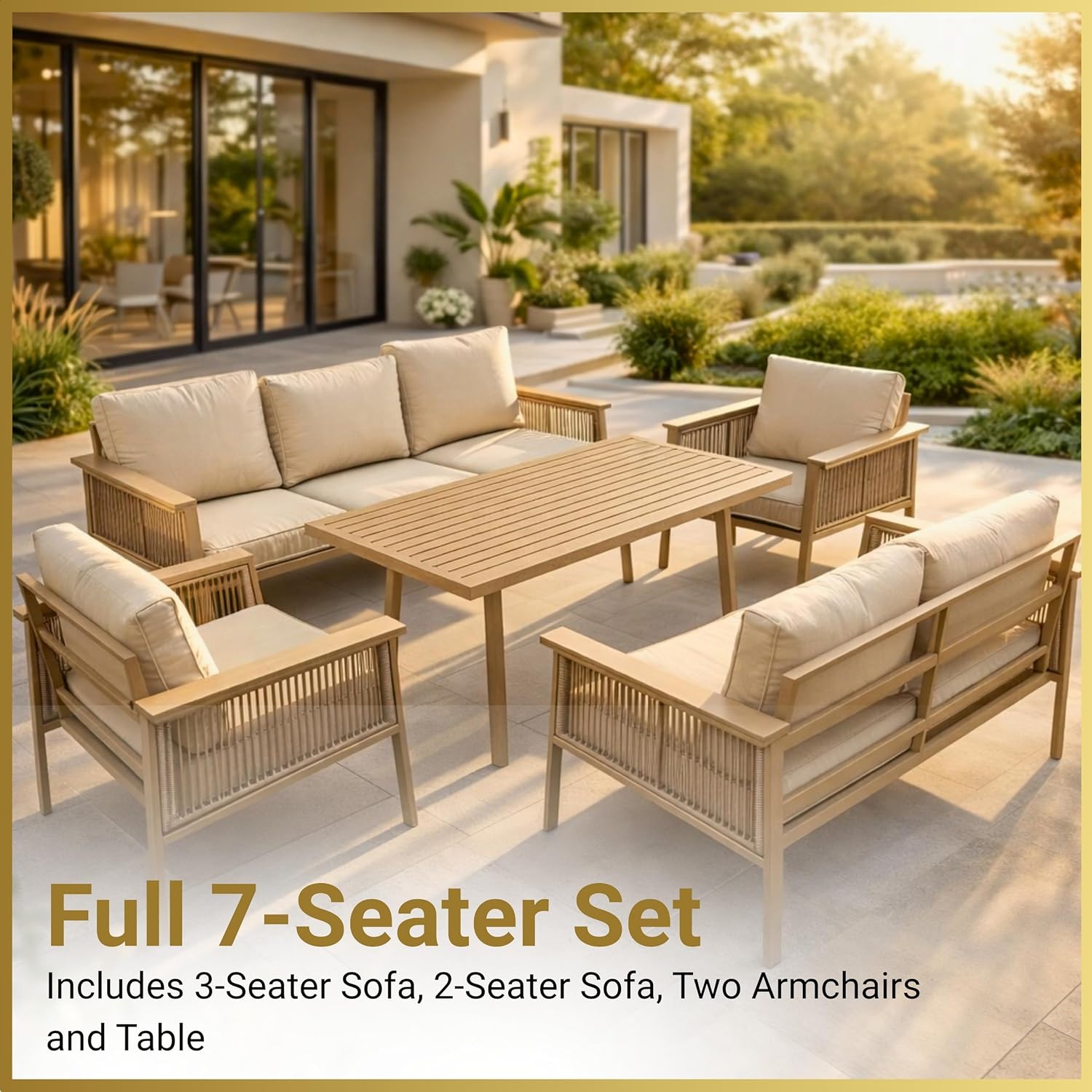 7-Seater Aluminium Outdoor Lounge Sofa Set with Cushions & Table | Brown