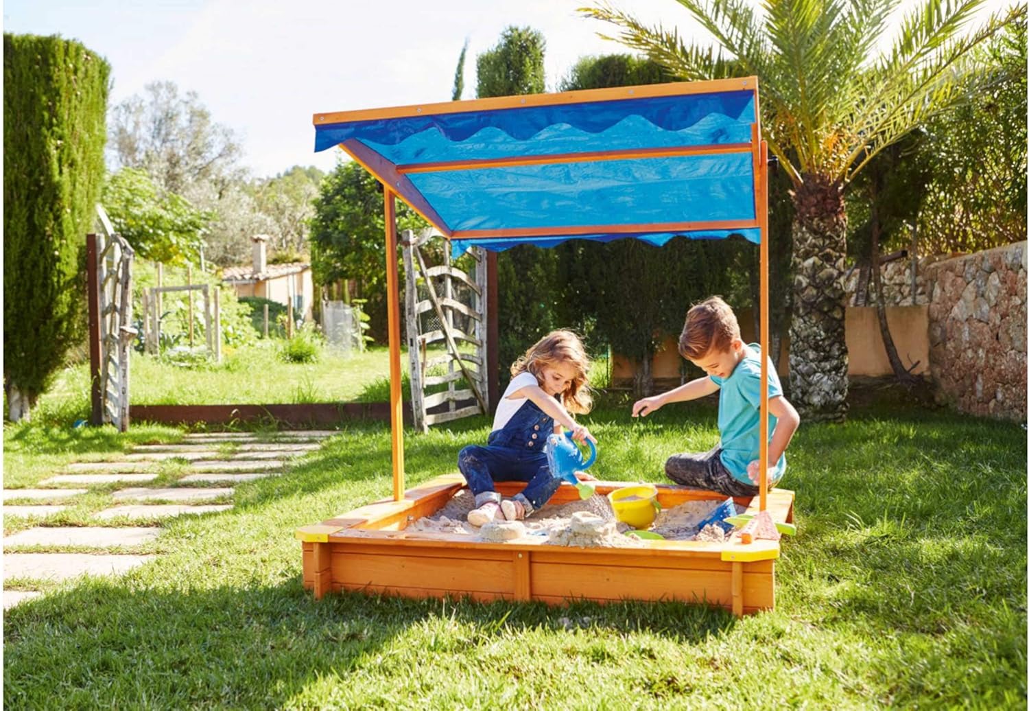 Wooden Sandpit with Adjustable Roof - Large Sandbox with UV Protection - The Outdoor Furniture Market 