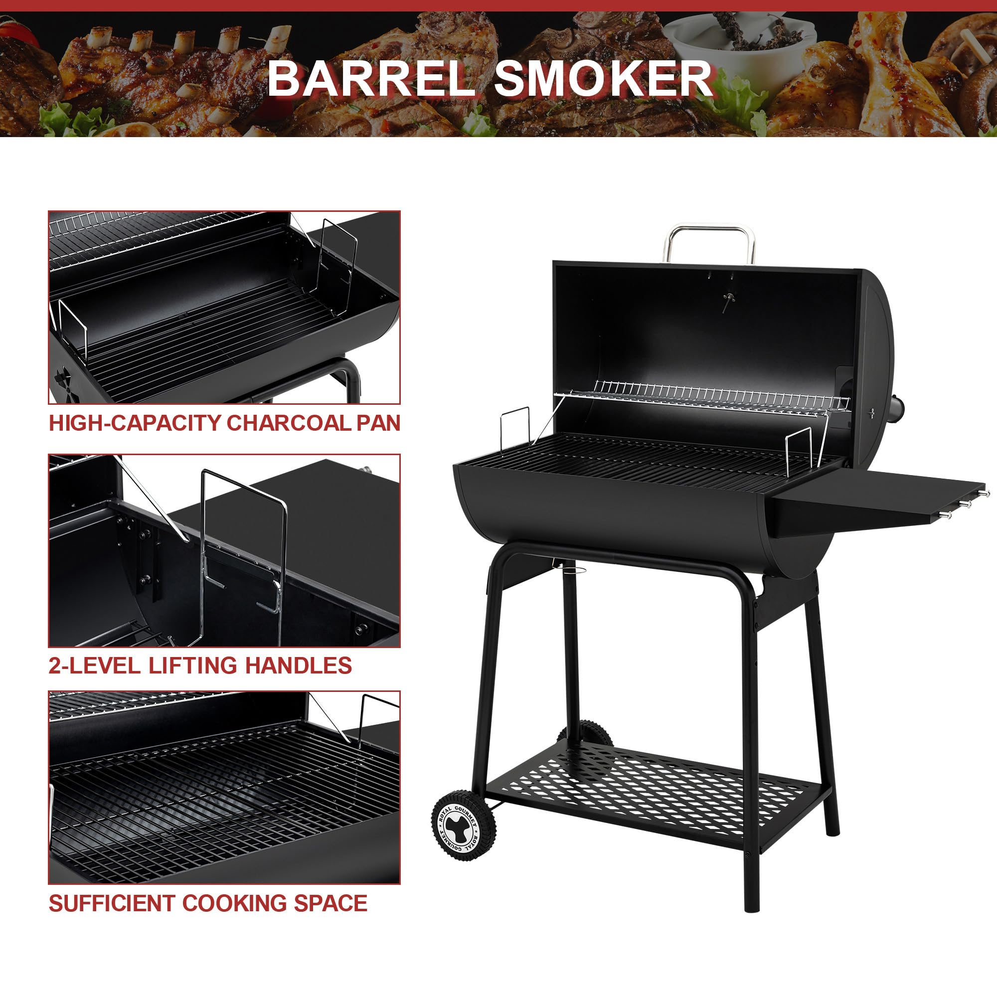 Royal Gourmet CC1830 30" Barrel Charcoal Grill - 627 sq.in Cooking Space