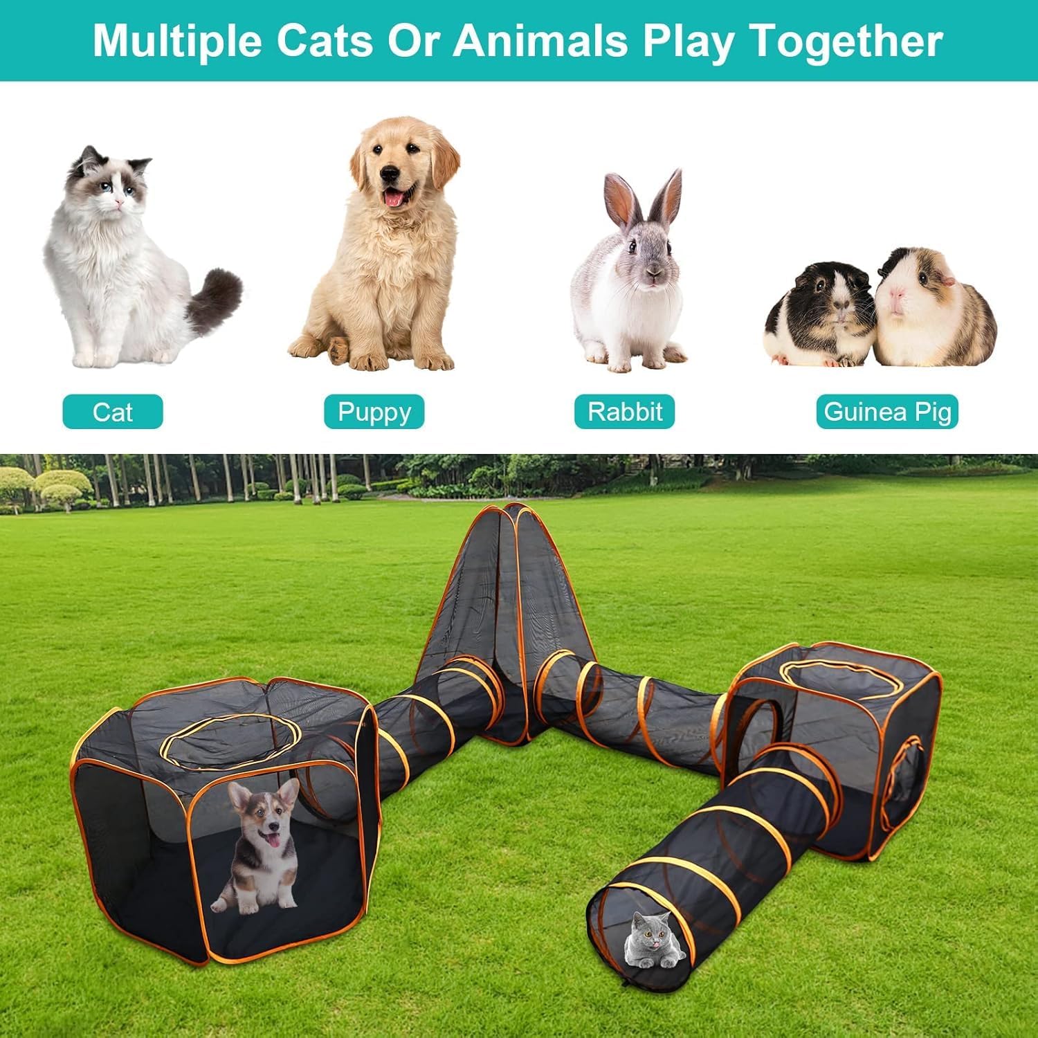 6-in-1 Outdoor Cat/Dog House with Tunnel - Large Modular Pet Playpen