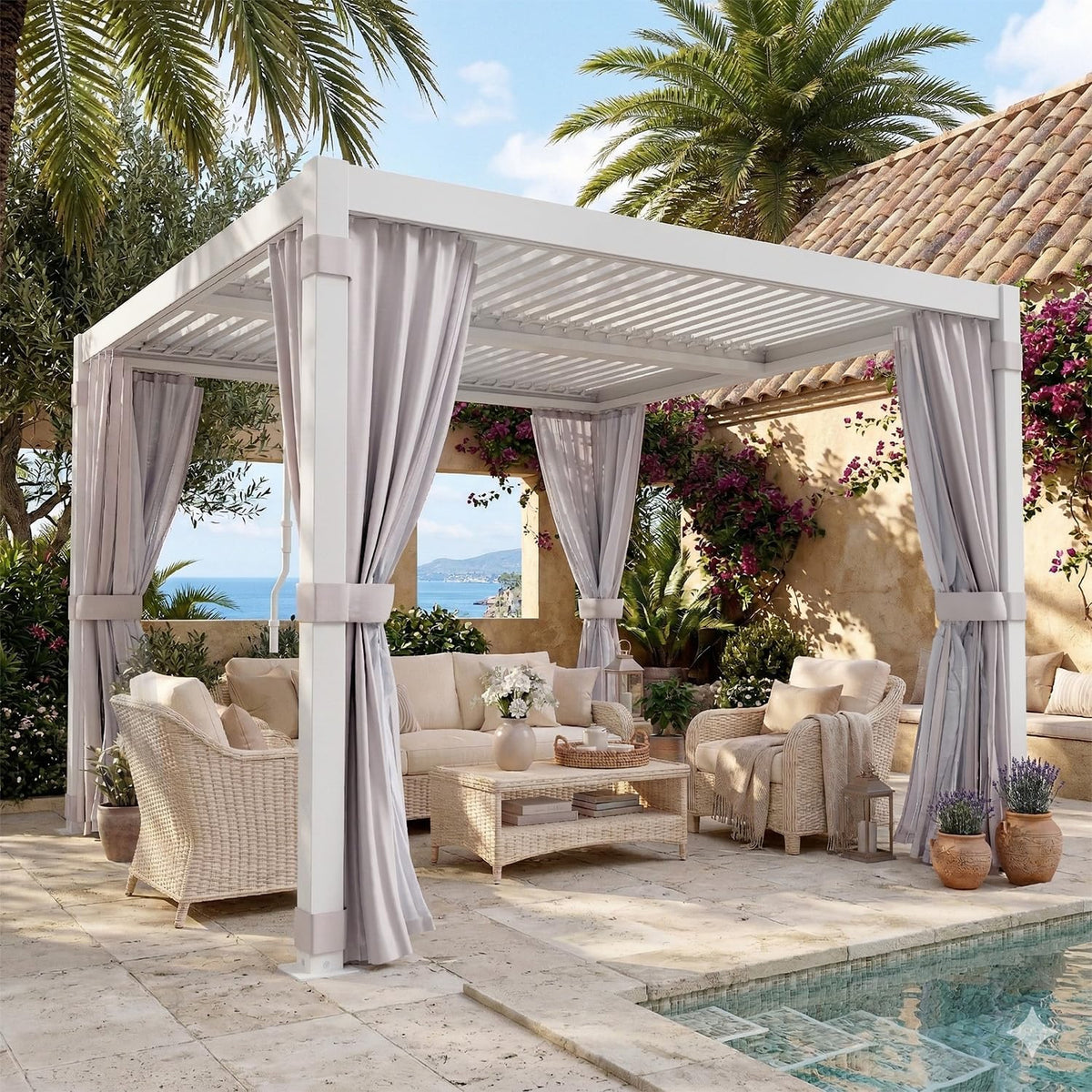 Aluminium louvered pergola with adjustable roof and curtains, available in 3x3m, 3x4m, and 3x6m sizes, outdoor gazebo and pergola.