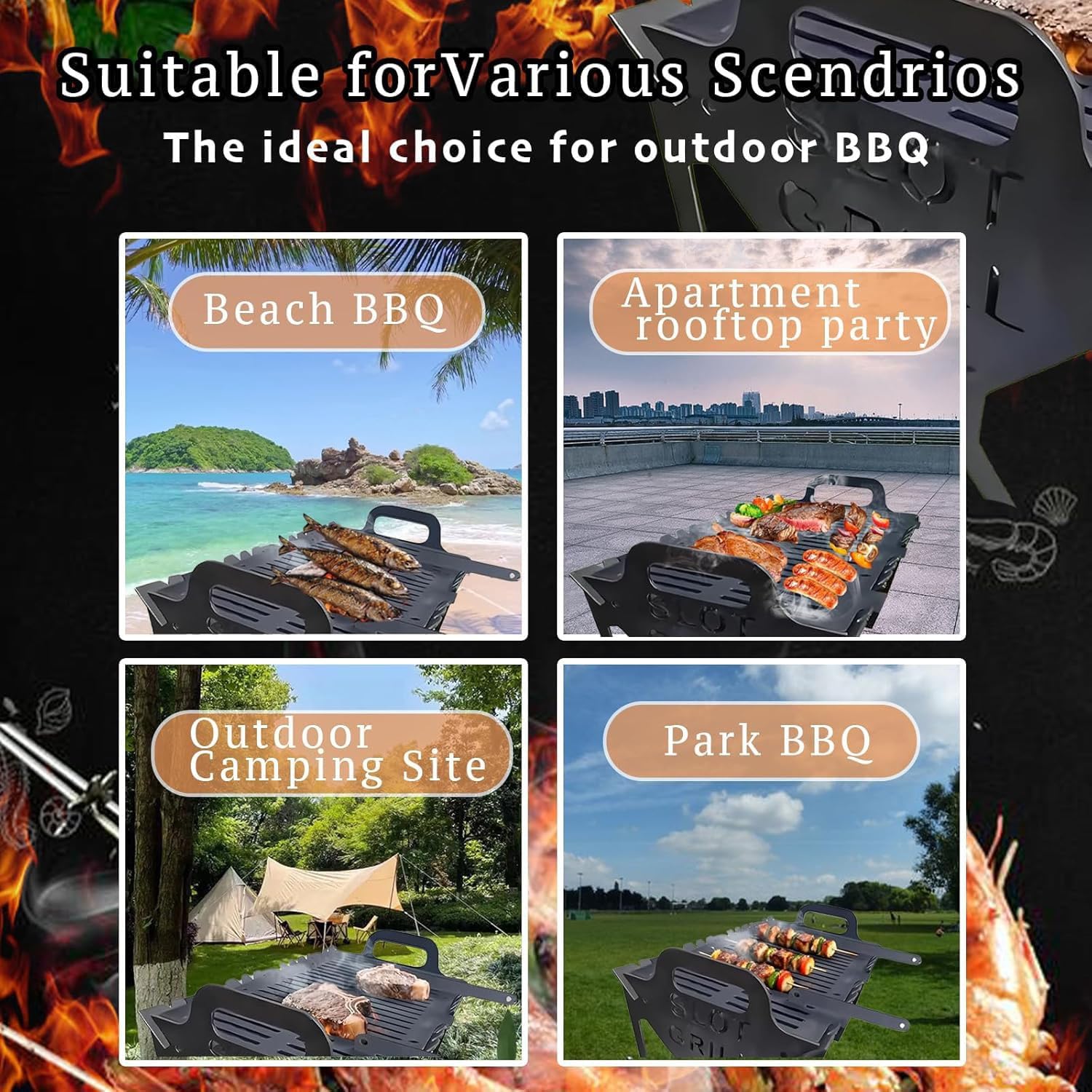 BBQ Grill,Slot Grill Portable BBQ,Portable For Camping Tailgating,Charcoal Barbecue Large Cooking Surface For Outdoor Cooking,Easy Setup Lightweight Design(40 * 22 * 25cm,Black)