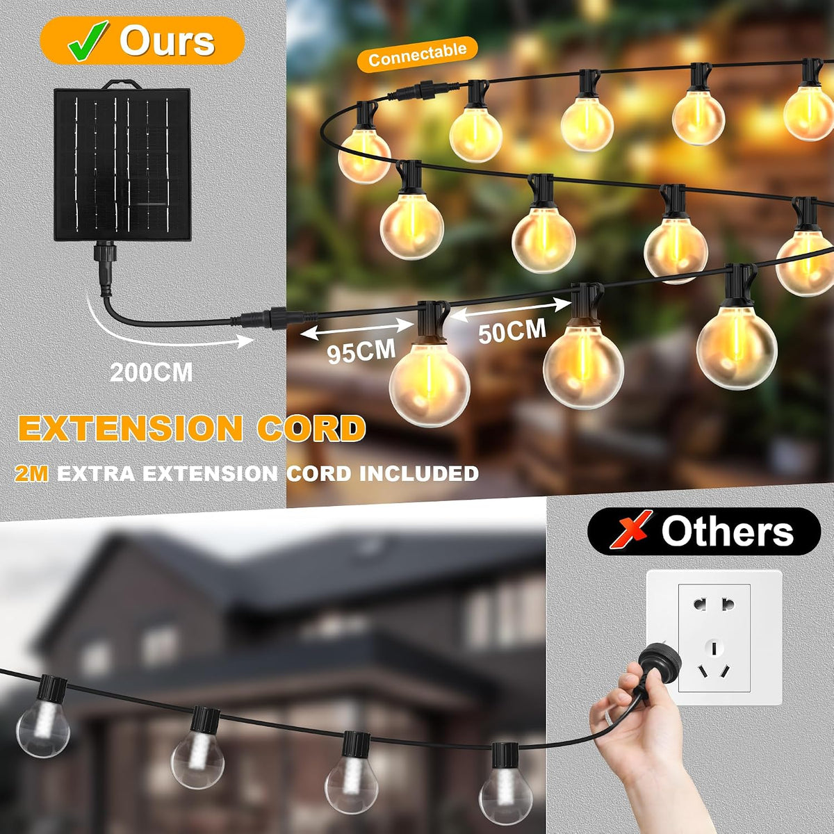 15m G40 LED solar outdoor string lights with 4 modes, waterproof IP44, warm white for garden or patio illumination