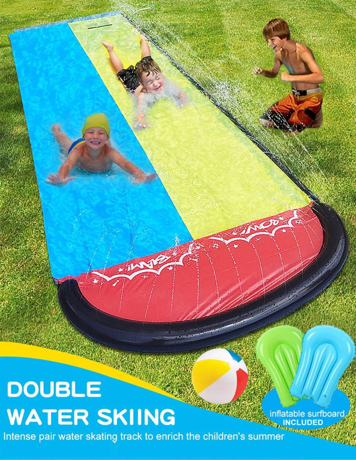 Moonmen Water Slip And Slide,2 Bodyboards+beach ball, Lawn Water Slides Slip Water Splash Pad for kids,Sprinkler Mat for Kids, Large Size Outdoor Splash Play Mat Water splash pool Water Fun For Kids
