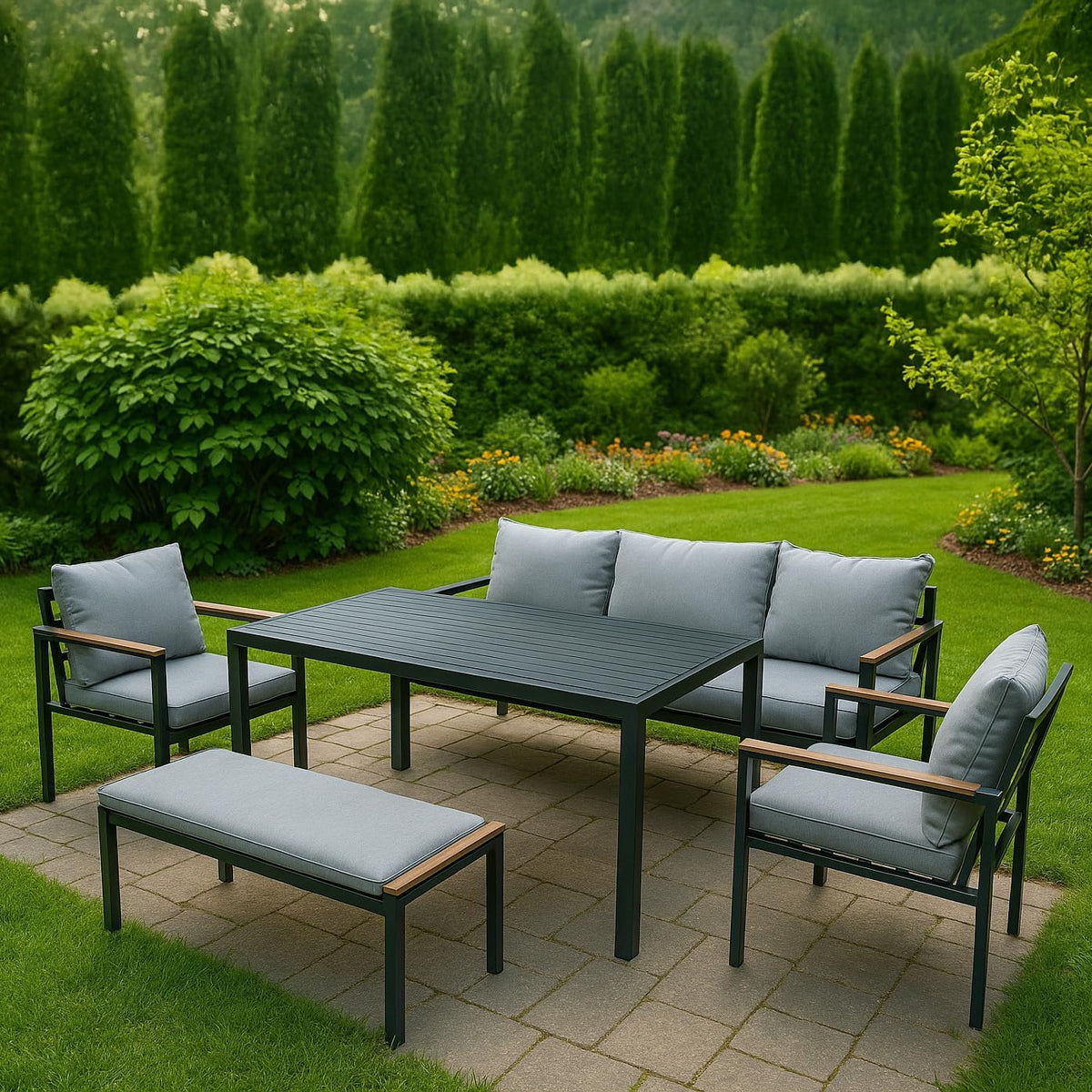 Durable aluminum outdoor sofa set with waterproof cushions, modern design, perfect for patio or garden seating.