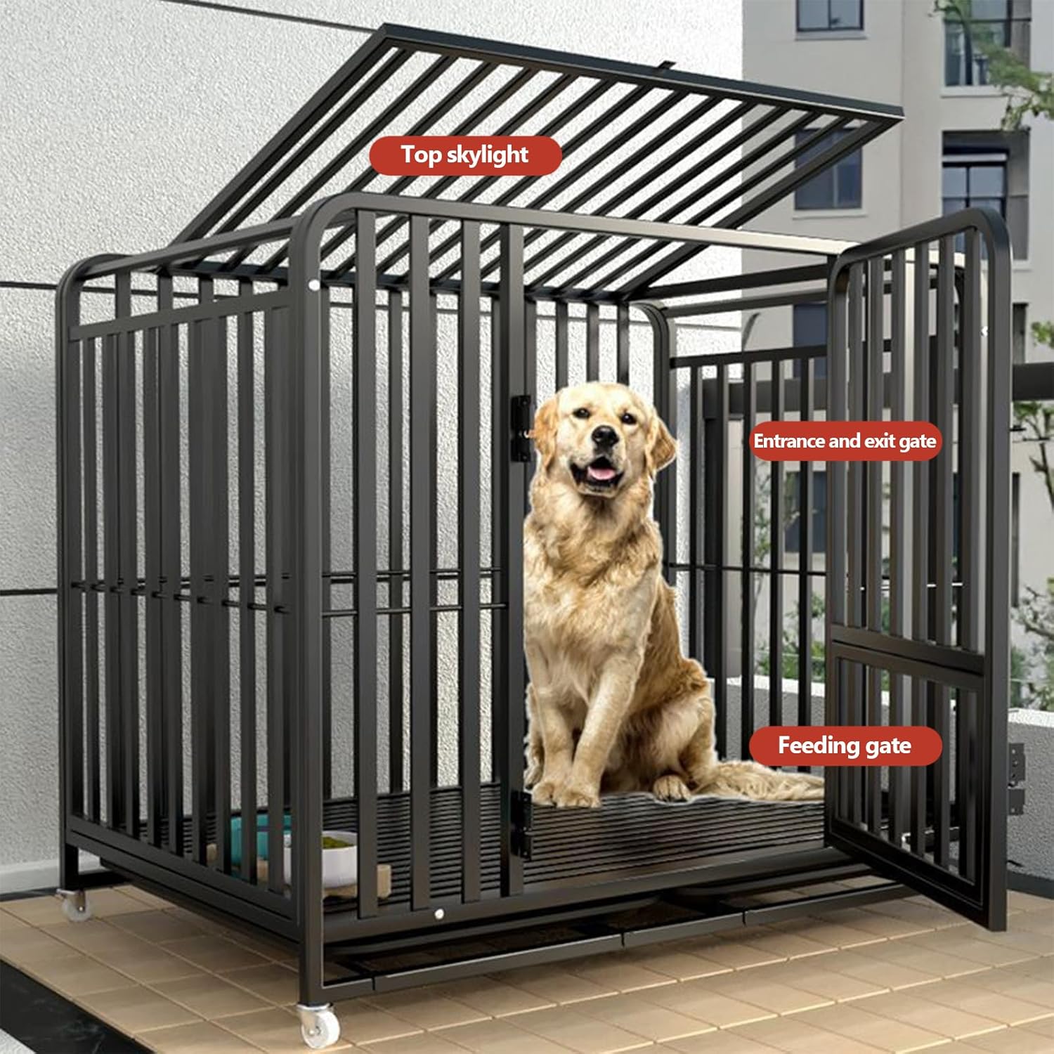 Heavy Duty Dog Crate - 37 Inch Large Metal Dog Crate with 2 Doors and 4 Wheels, Full Square Tube Kennel for Large and Medium Dogs, Removable Tray