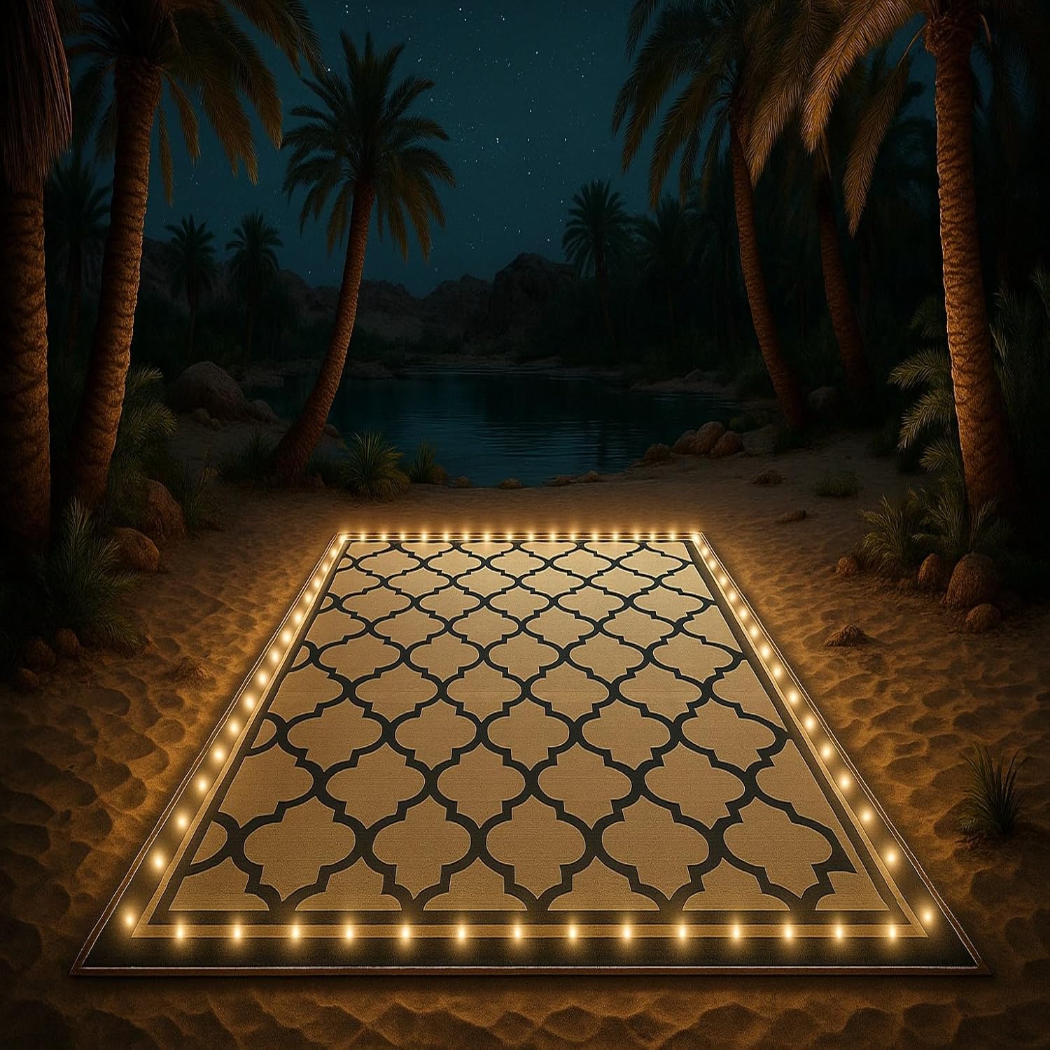 Camping Mat with LED Lights – Portable Outdoor Camping Mat with Edge Lighting | Desert, Wadi & Backyard Use | Foldable, Easy-Clean, Battery Operated & Durable (Khaki Cloud, 270x360)