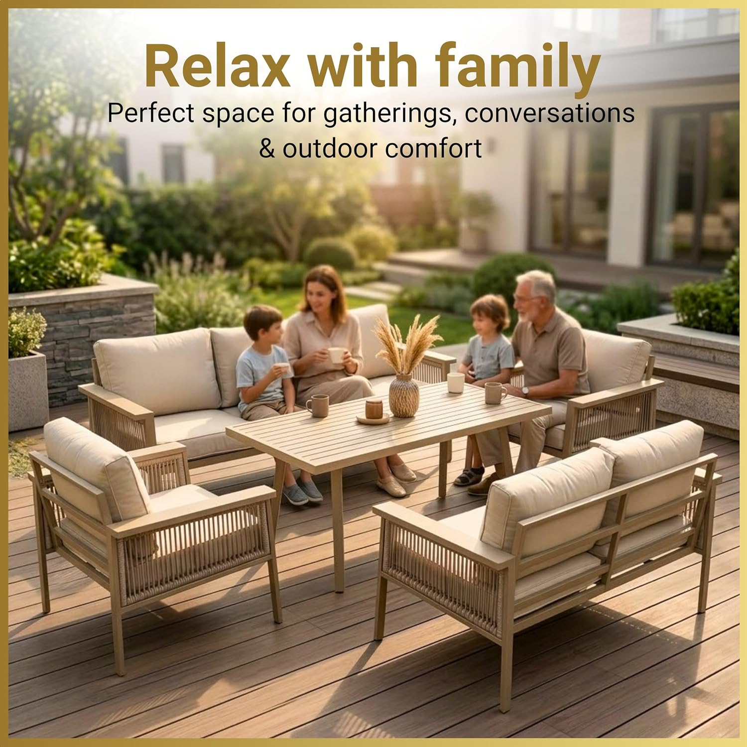 7-Seater Aluminium Outdoor Lounge Sofa Set with Cushions & Table | Brown