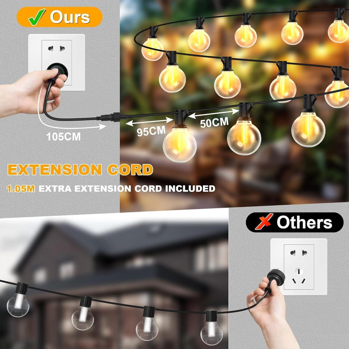 G40 LED solar outdoor string lights with 15m length, warm white, 4 lighting modes, waterproof IP44, by The Outdoor Furniture Market