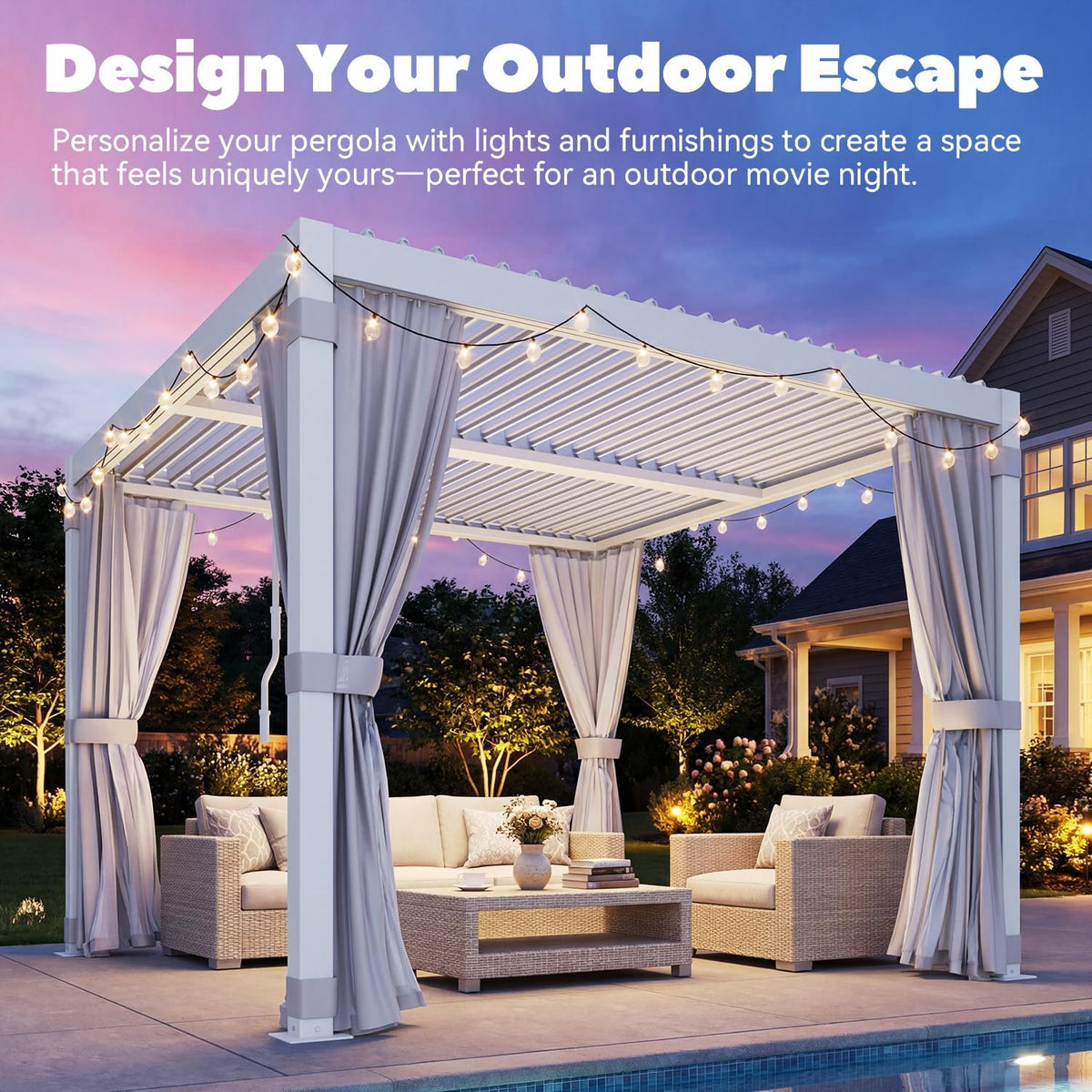 Aluminium louvered pergola with adjustable roof and curtains, featuring a modern gazebo design in 3x3m, 3x4m, or 3x6m sizes.