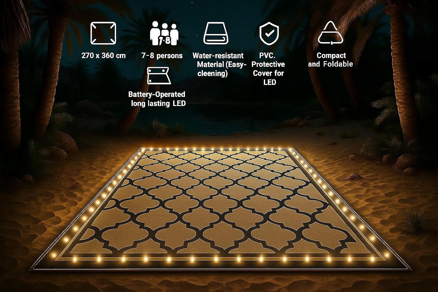 Camping Mat with LED Lights – Portable Outdoor Camping Mat with Edge Lighting | Desert, Wadi & Backyard Use | Foldable, Easy-Clean, Battery Operated & Durable (Khaki Cloud, 270x360)