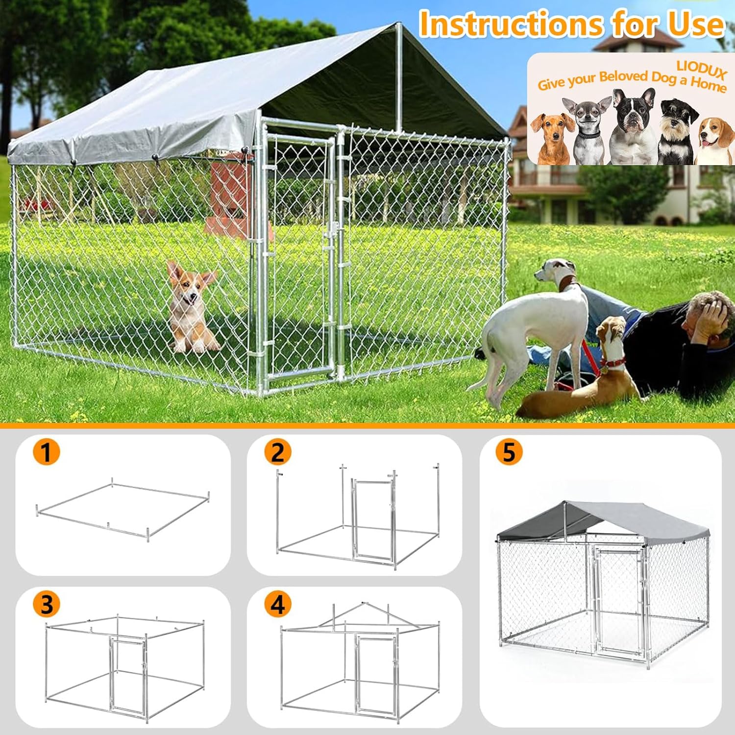 LIODUX 200x200x170CM Outdoor Dog Kennel, Extra Large Anti-Rust Dog Kennel with Roof, Galvanized Chain Link Dog Runs with Secure Lock, Outdoor Crate House for Large Breed Dog
