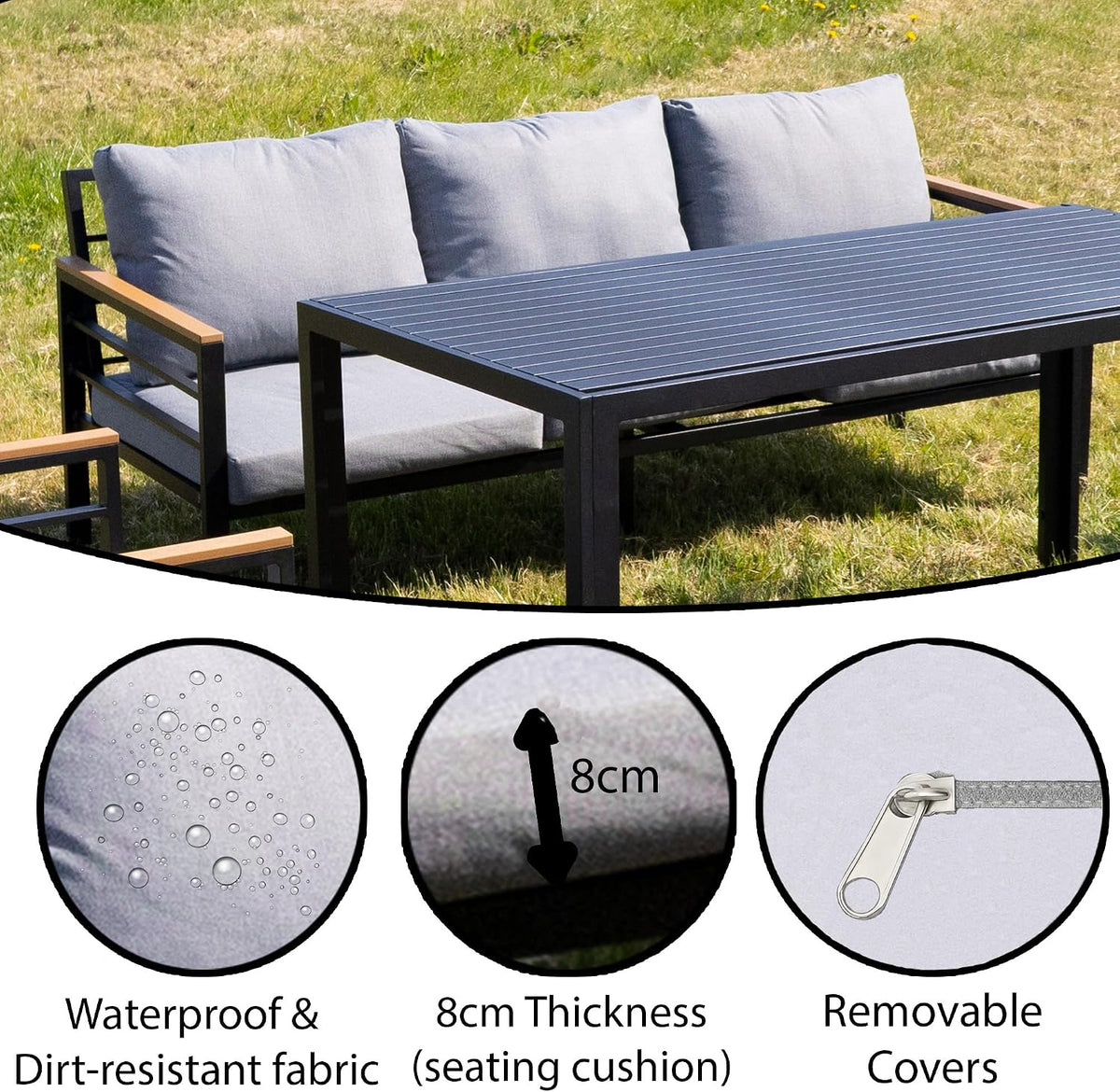 Durable aluminum outdoor sofa with waterproof cushions, part of The Outdoor Furniture Market outdoor sofa set, shown with seating and cushions.