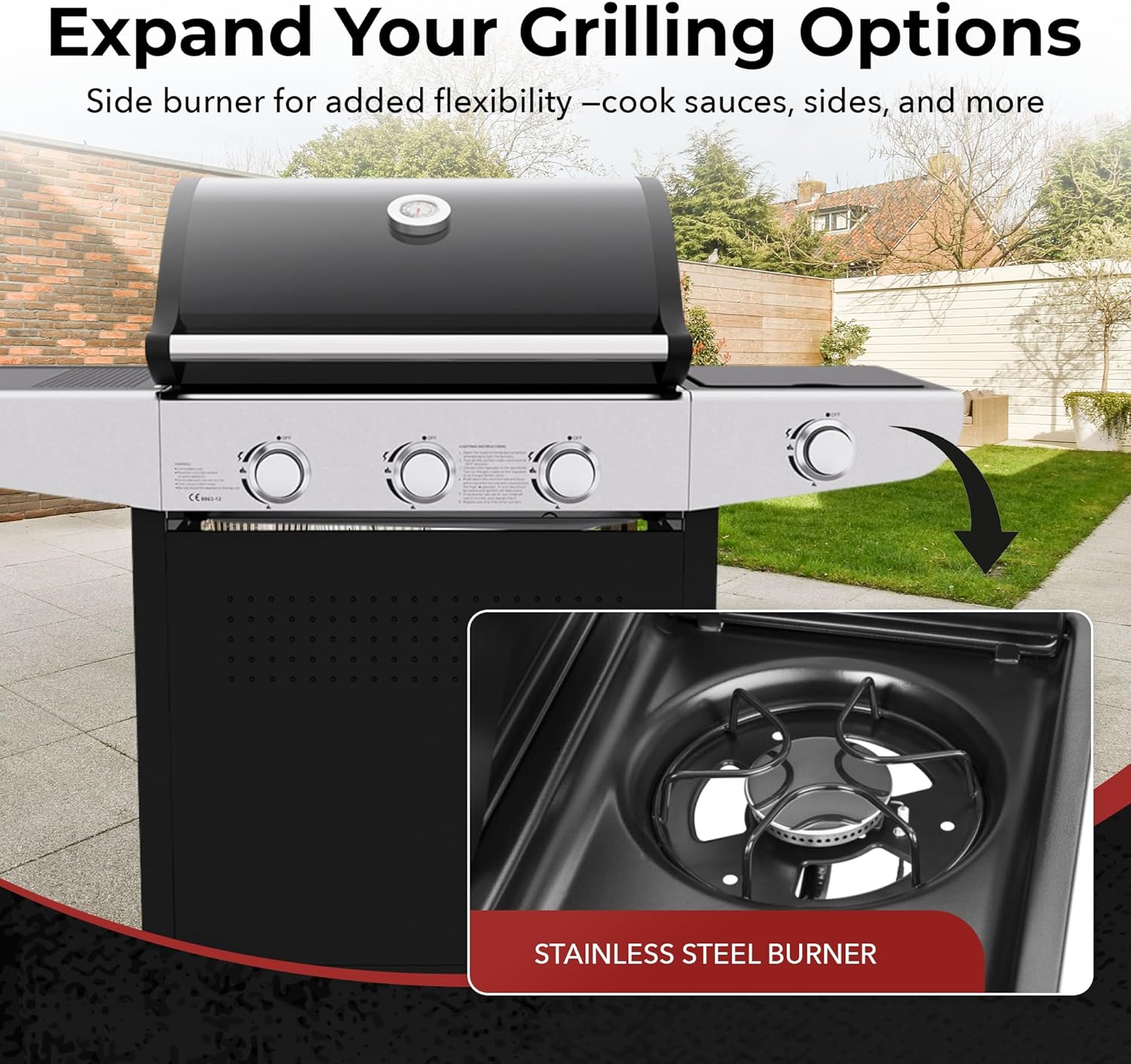 Royal Gourmet 3-Burner Gas BBQ Grill with Side Burner - Cast Iron Grates