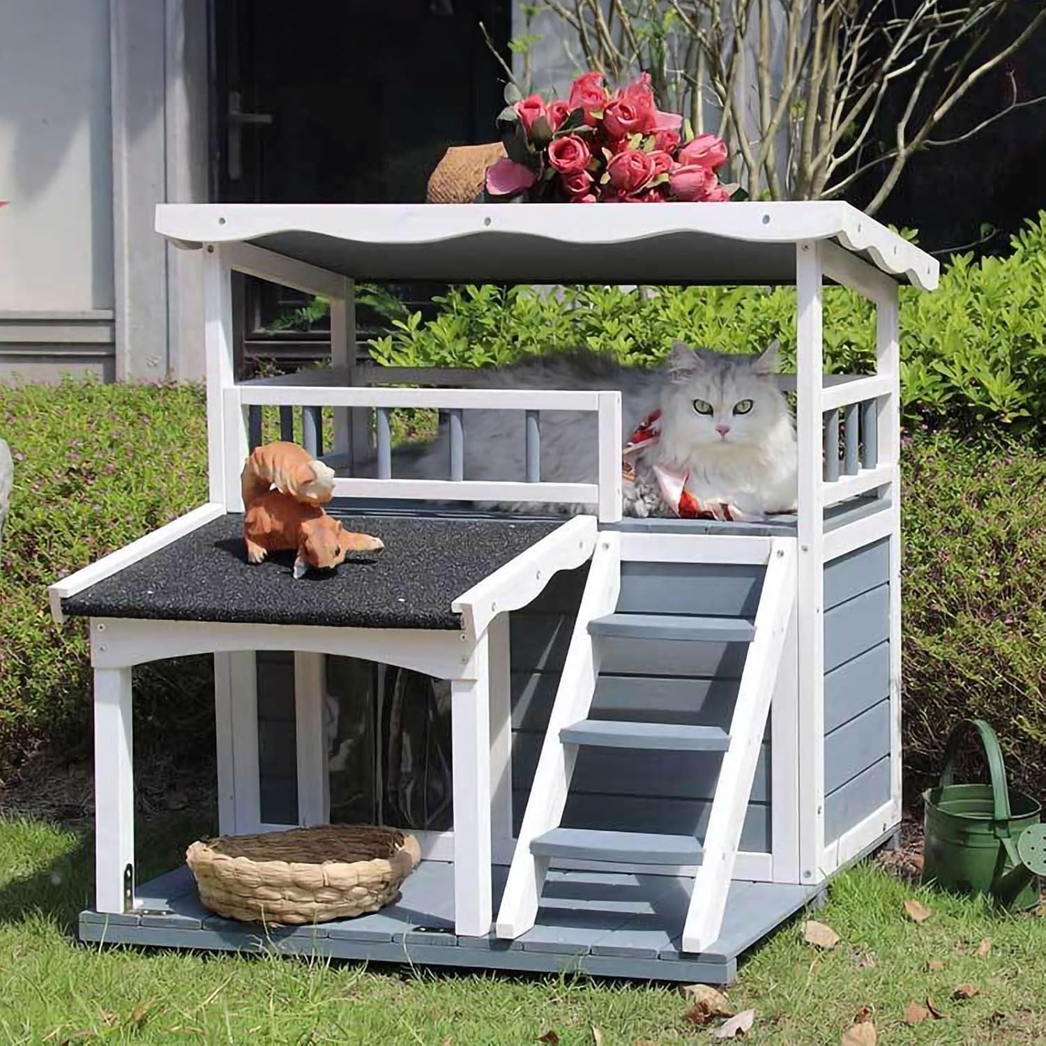 Outdoor Cat House, Outdoor dog House,2 Story Outdoor Houses for Feral Cats,Wooden Outside Cat Shelter ，Weatherproof Shelter，Cat Cottage with Steps, Removable.