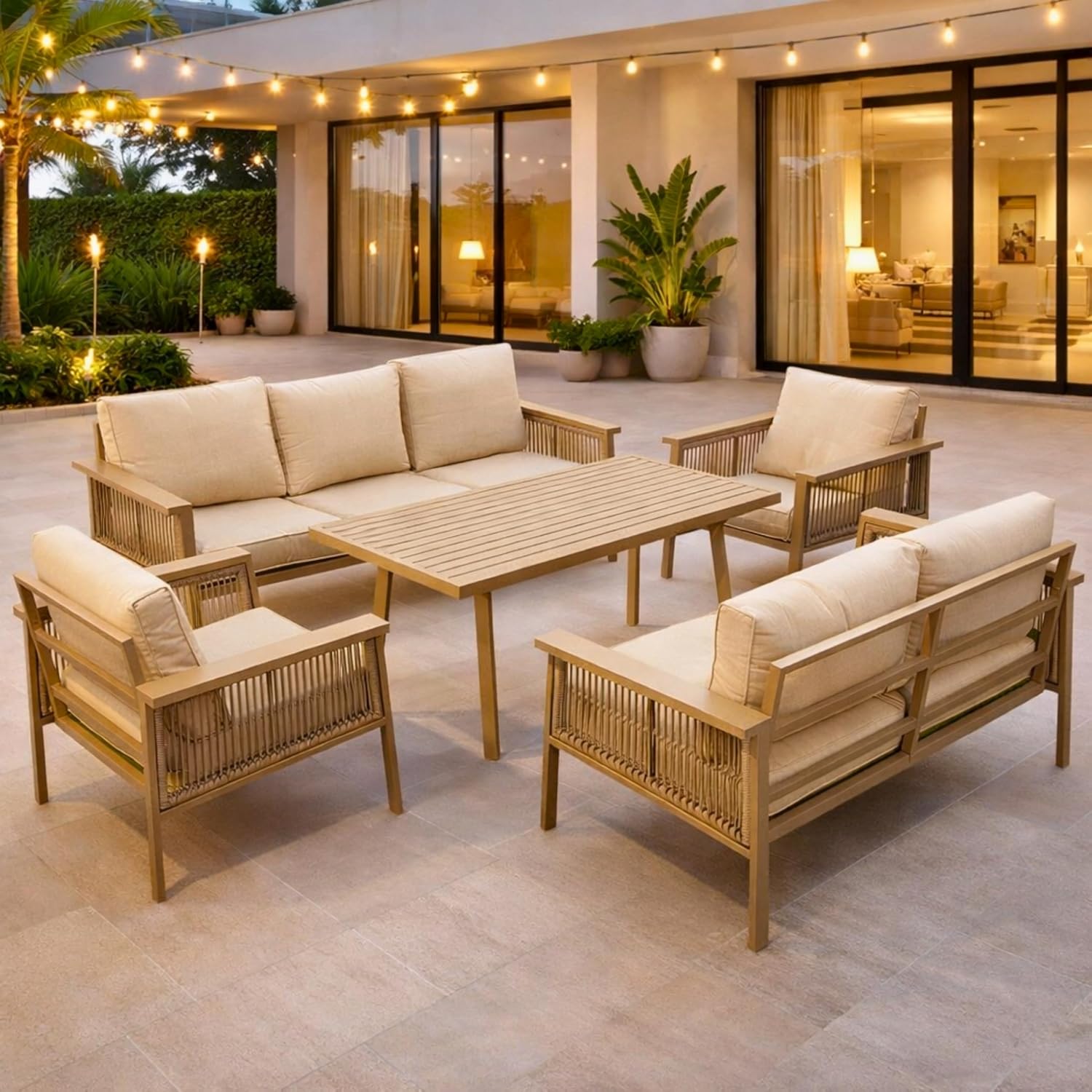 7-Seater Aluminium Outdoor Lounge Sofa Set with Cushions & Table | Brown