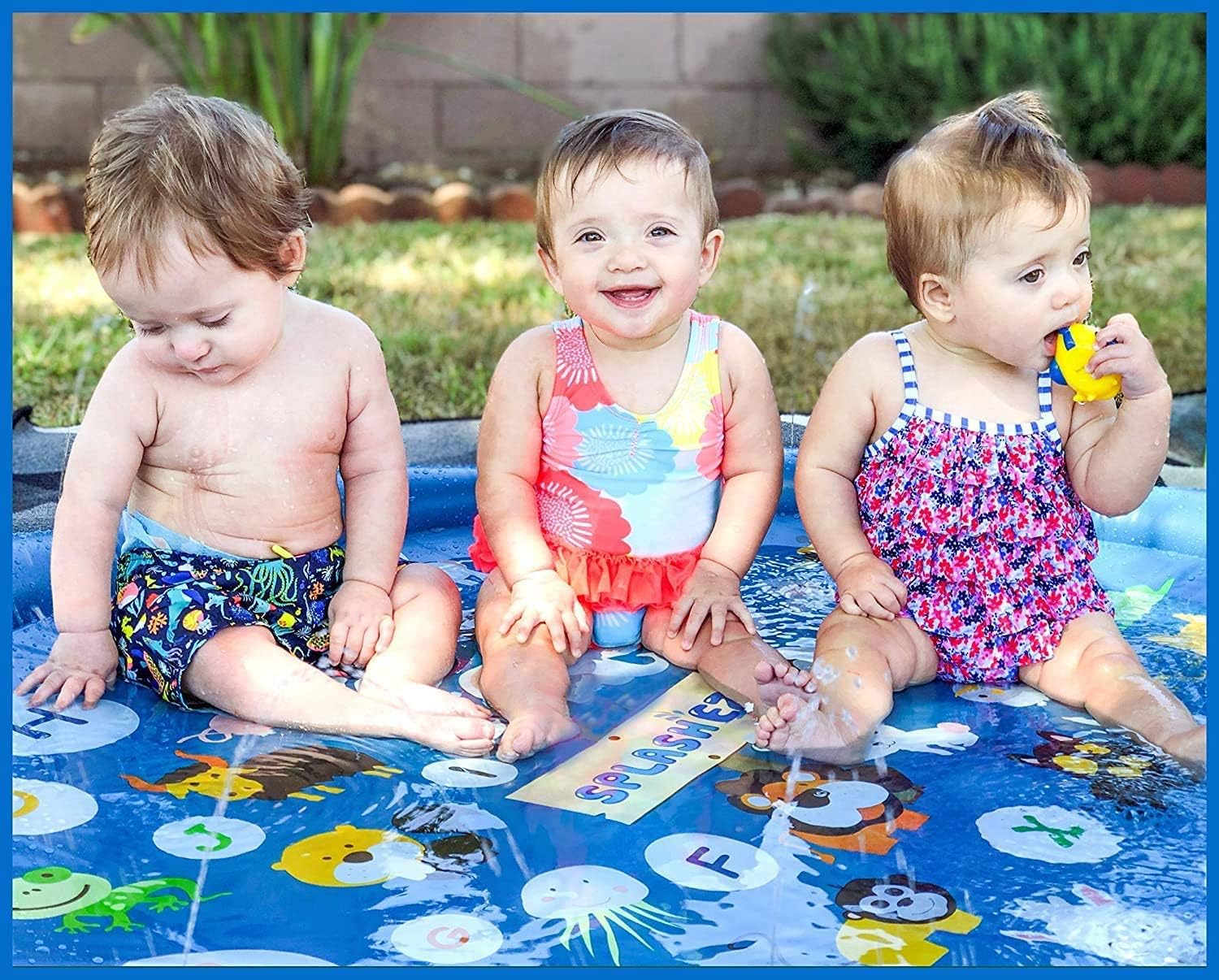 Colorful Zoo Splash Pad 100cm water sprinkler mat for kids, featuring animal designs and vibrant pattern for outdoor fun.