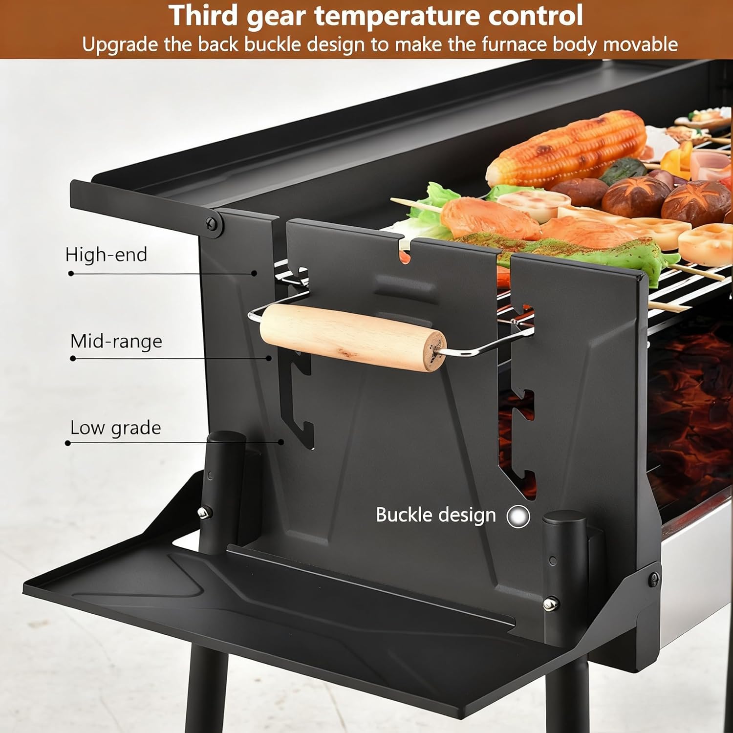 Folding Barbecue Charcoal Grill, Outdoor Windproof Charcoal Grills with 3-Sided Storage Board and Frying Pan, Stainless Steel Large BBQ Stove for Backyard, Garden, Camping, Picnic, Party.