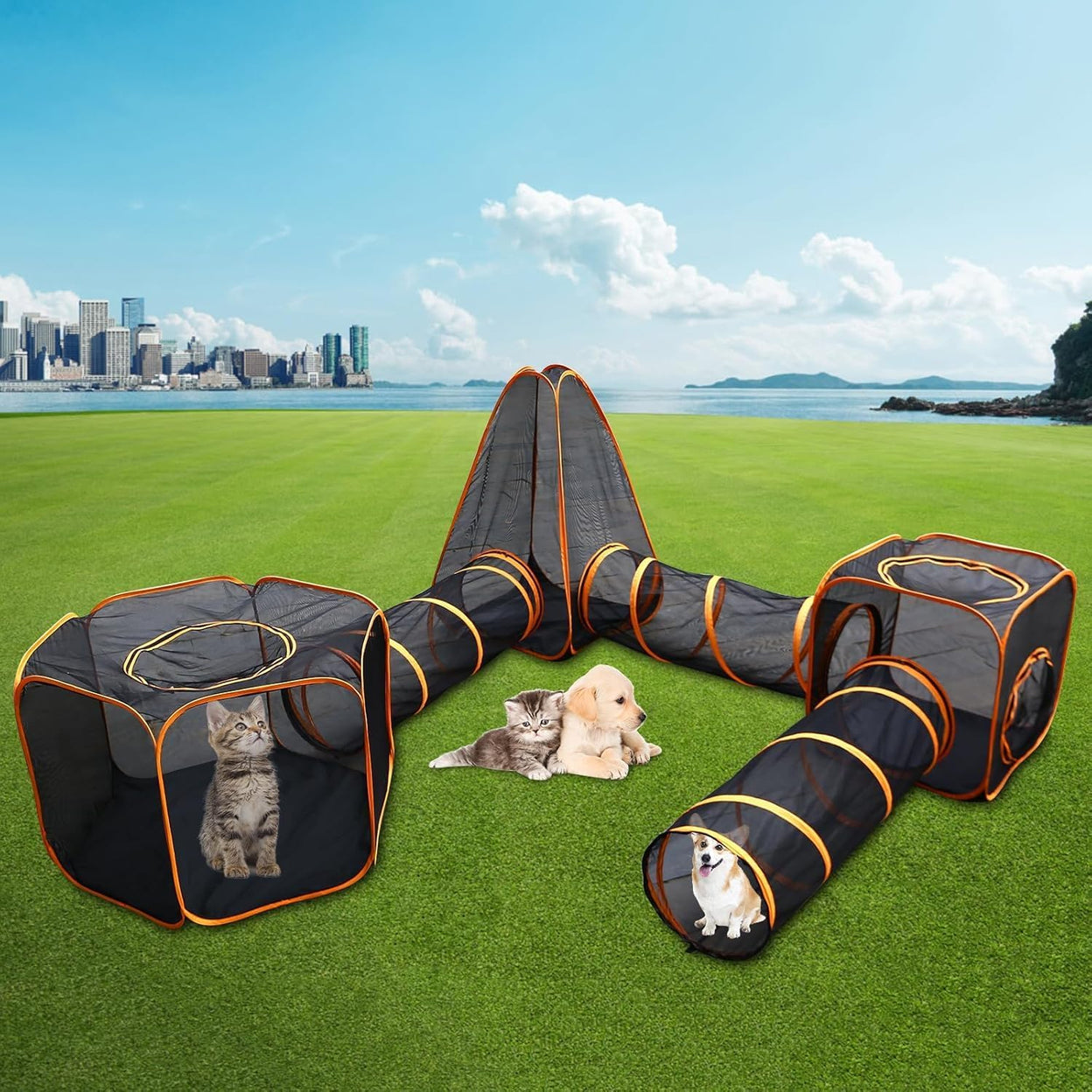 6-in-1 Outdoor Cat/Dog House with Tunnel - Large Modular Pet Playpen