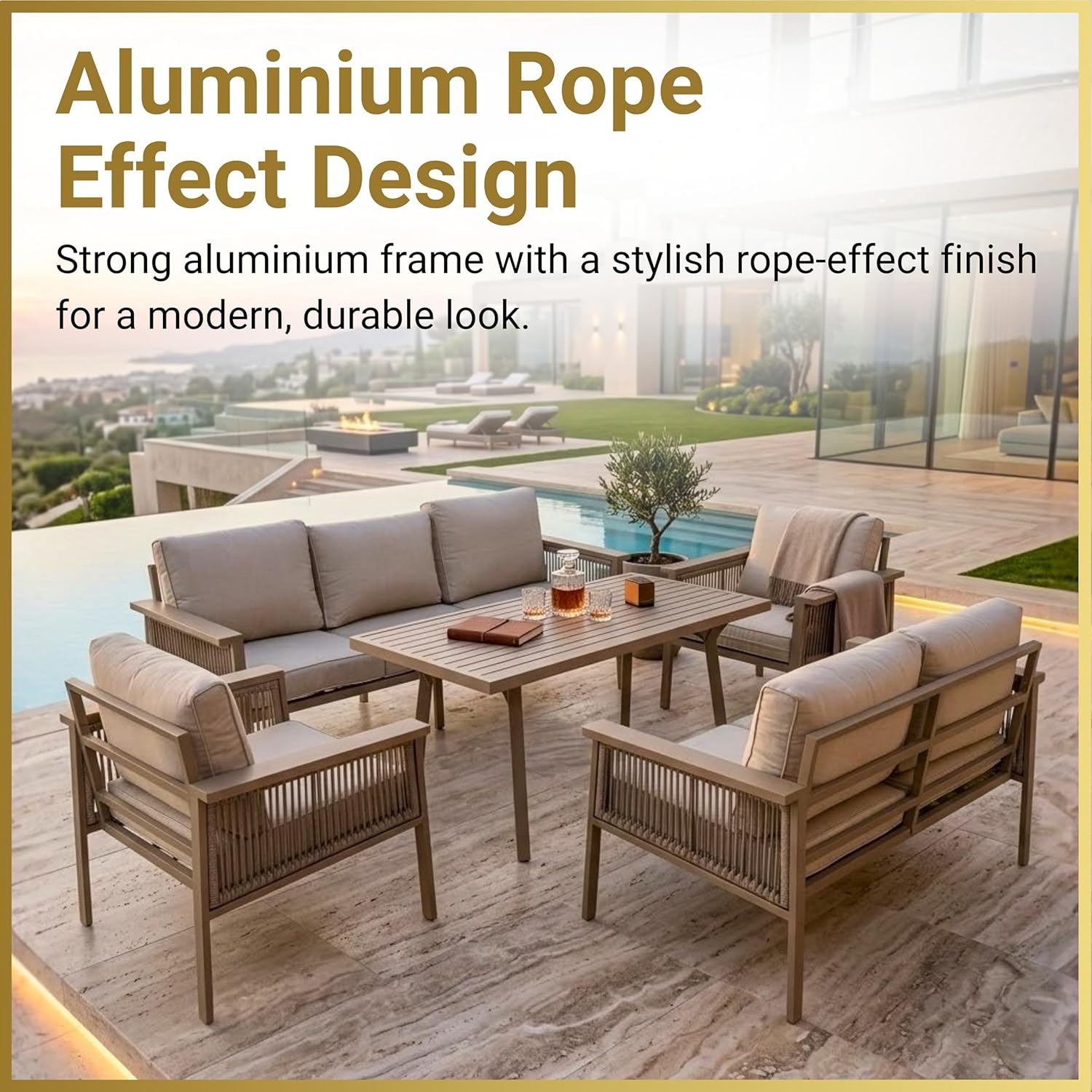 7-Seater Aluminium Outdoor Lounge Sofa Set with Cushions & Table | Brown