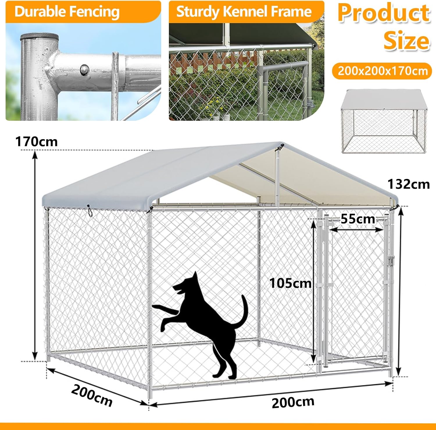 LIODUX 200x200x170CM Outdoor Dog Kennel, Extra Large Anti-Rust Dog Kennel with Roof, Galvanized Chain Link Dog Runs with Secure Lock, Outdoor Crate House for Large Breed Dog