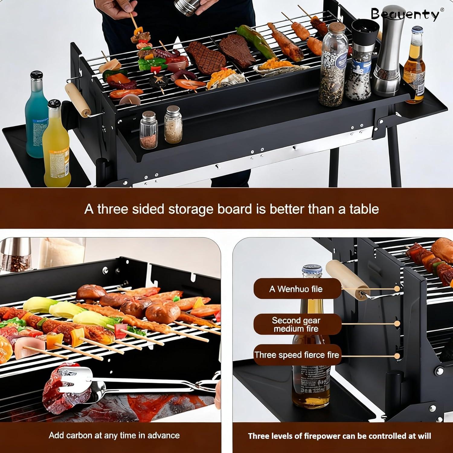 Folding Barbecue Charcoal Grill, Outdoor Windproof Charcoal Grills with 3-Sided Storage Board and Frying Pan, Stainless Steel Large BBQ Stove for Backyard, Garden, Camping, Picnic, Party.