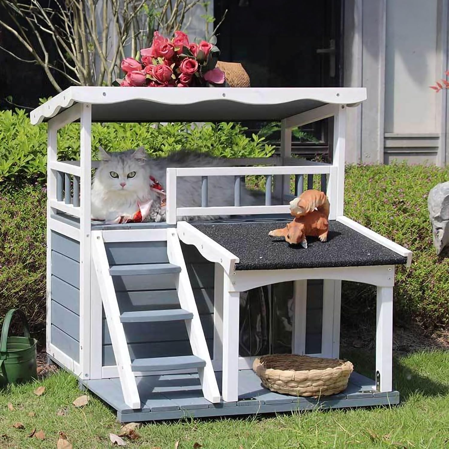Outdoor Cat House, Outdoor dog House,2 Story Outdoor Houses for Feral Cats,Wooden Outside Cat Shelter ，Weatherproof Shelter，Cat Cottage with Steps, Removable.