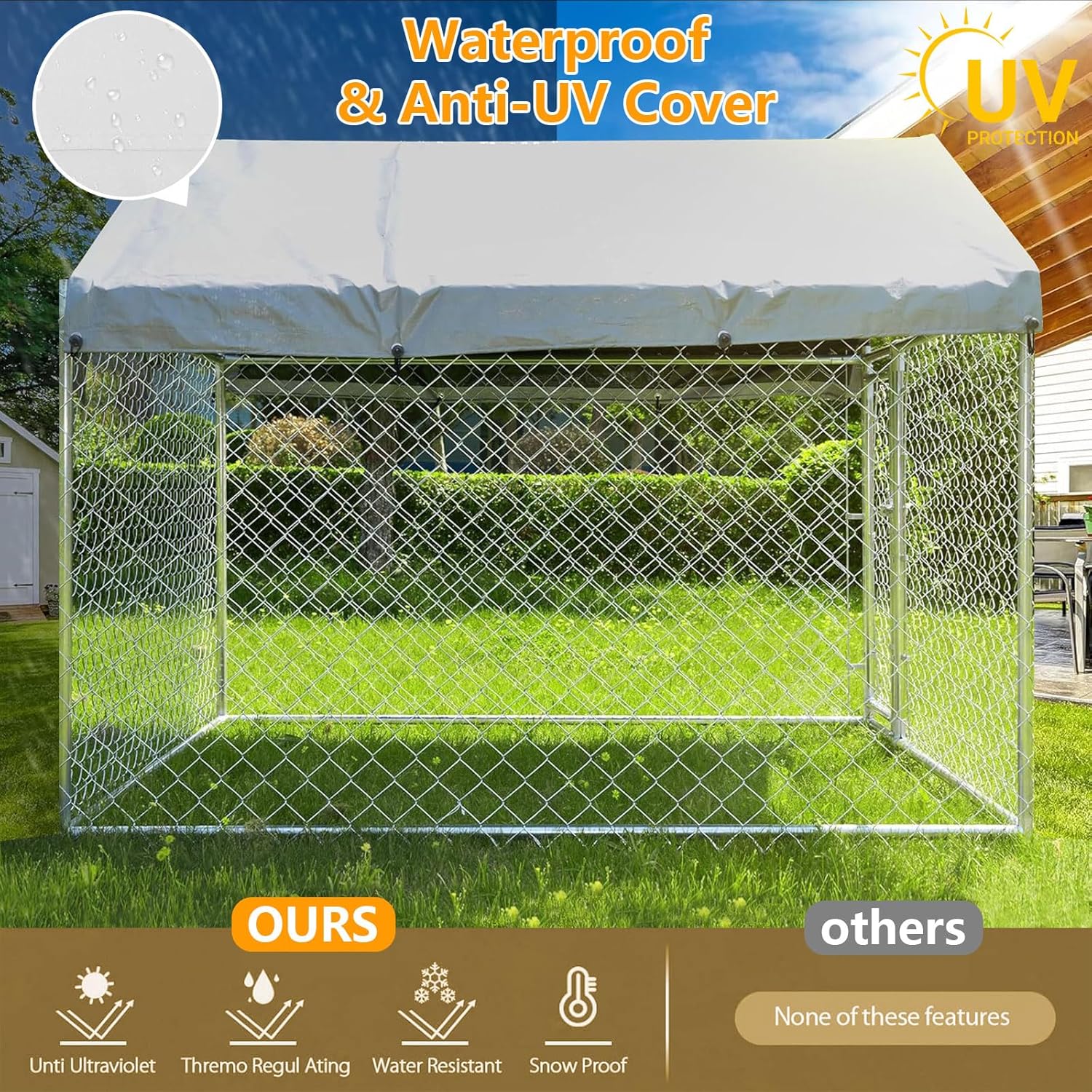 LIODUX 200x200x170CM Outdoor Dog Kennel, Extra Large Anti-Rust Dog Kennel with Roof, Galvanized Chain Link Dog Runs with Secure Lock, Outdoor Crate House for Large Breed Dog