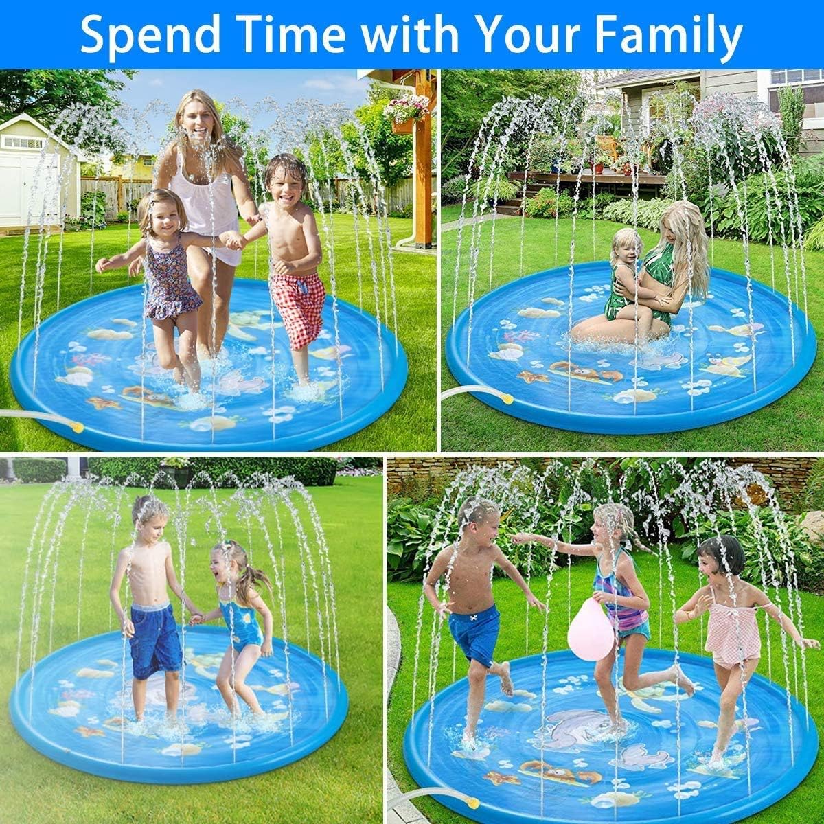 Colorful dolphin-themed splash pad water sprinkler play mat for kids, ideal for outdoor summer fun.