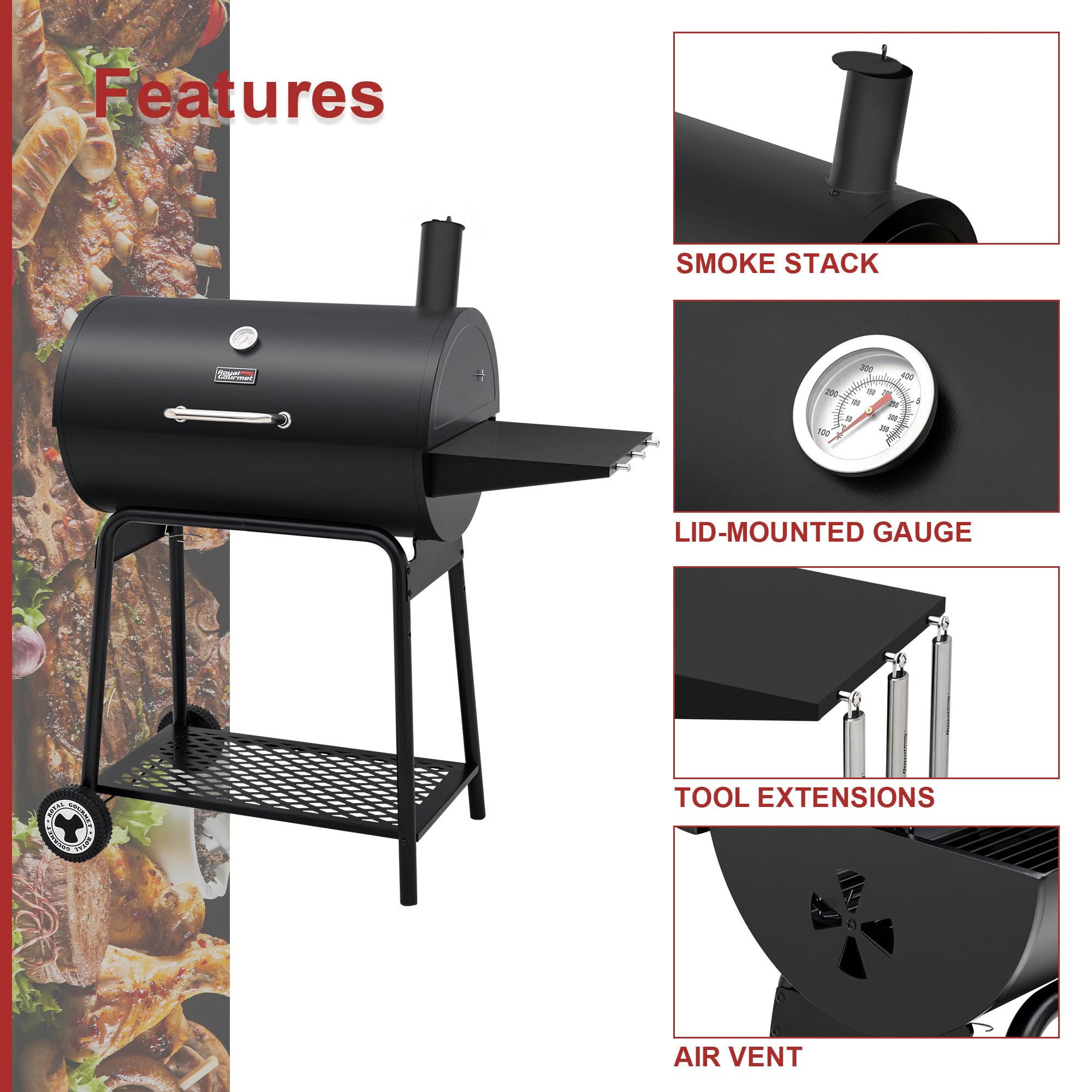 Royal Gourmet CC1830 30" Barrel Charcoal Grill - 627 sq.in Cooking Space