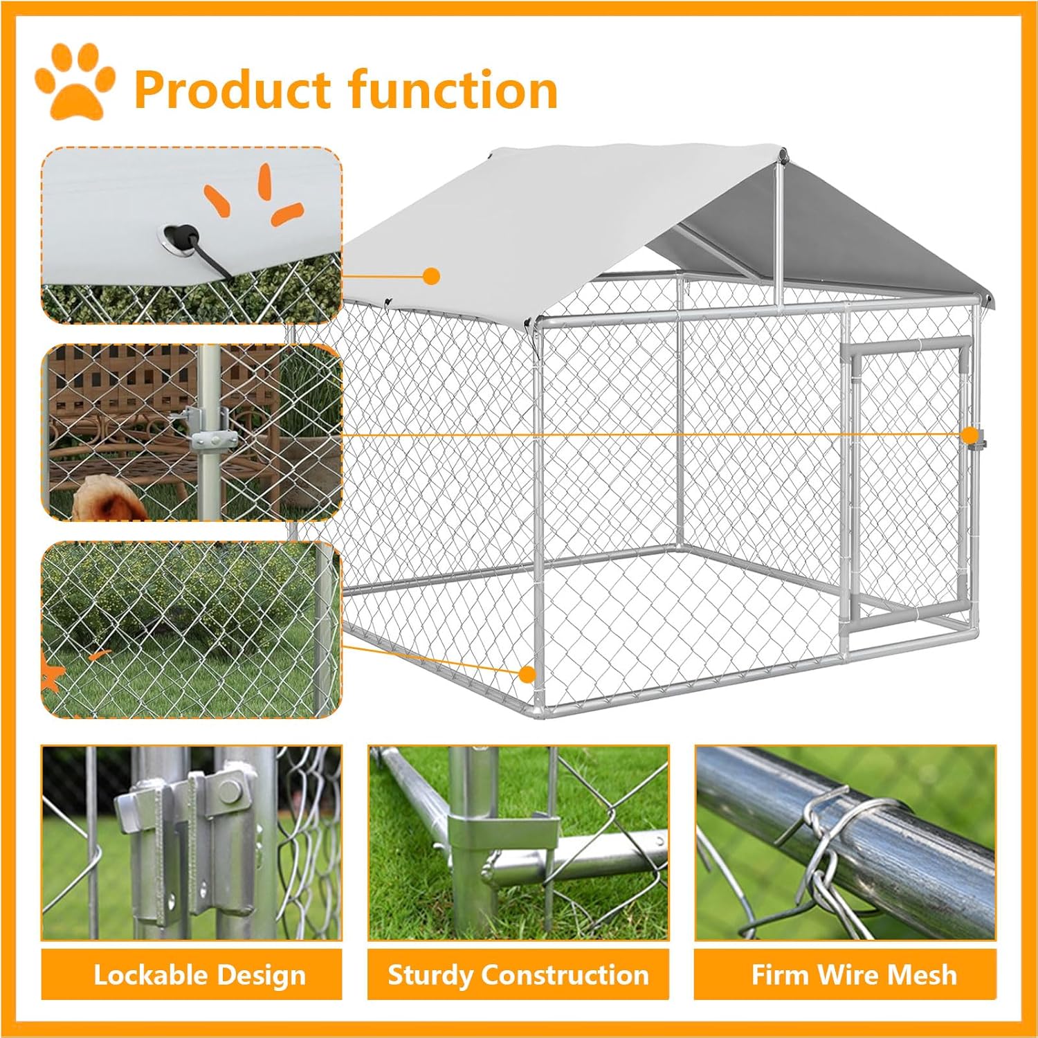LIODUX 200x200x170CM Outdoor Dog Kennel, Extra Large Anti-Rust Dog Kennel with Roof, Galvanized Chain Link Dog Runs with Secure Lock, Outdoor Crate House for Large Breed Dog