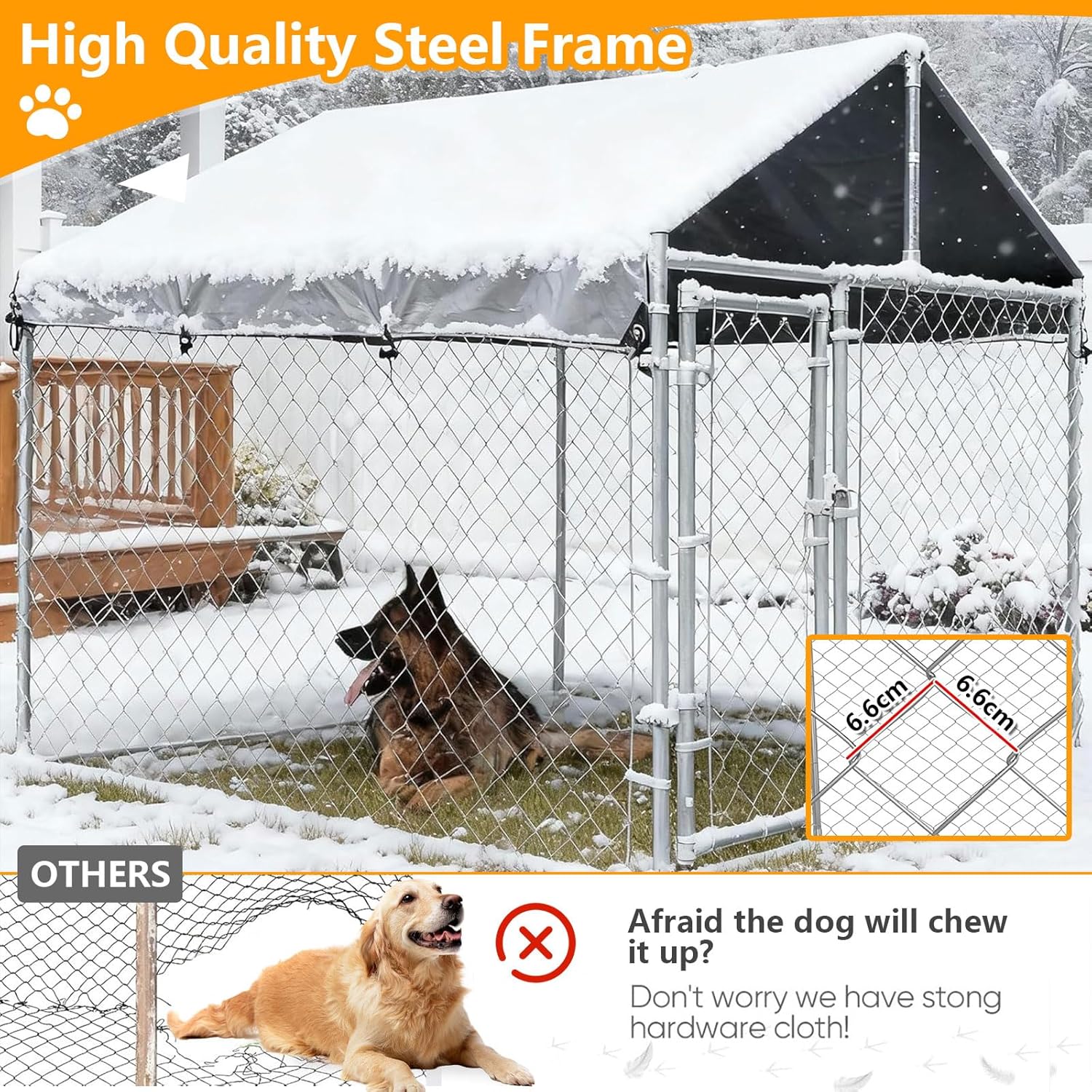 LIODUX 200x200x170CM Outdoor Dog Kennel, Extra Large Anti-Rust Dog Kennel with Roof, Galvanized Chain Link Dog Runs with Secure Lock, Outdoor Crate House for Large Breed Dog