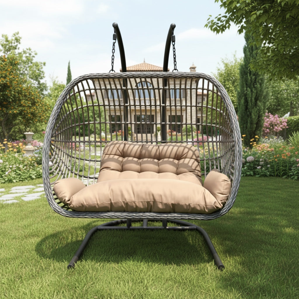 Two-Person Patio Swing Chair – Durable Rattan Frame with Comfortable Cushions