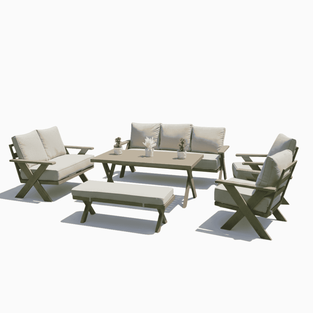 9-seater outdoor aluminum sofa with plush cushions, designed for stylish patio or garden seating.