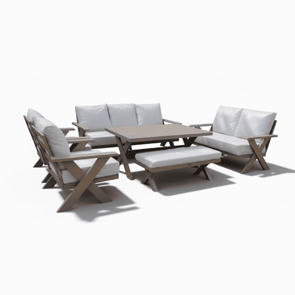 9-seater outdoor aluminum sofa set with cushioned seats and armrests, ideal for patio or garden lounging.